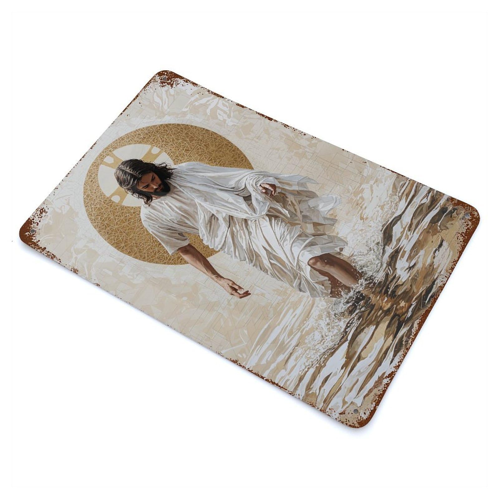 Rust Effect Tin Sign with Jesus Walking on Water Design 11.8"x7.9", for Pub, Kitchen And Man Cave Decor, Industrial Home Decor
