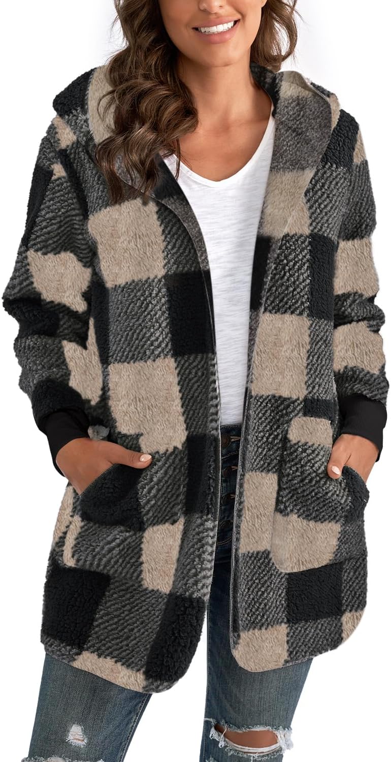 Yanekop Womens Fuzzy Fleece Jacket Open Front Hooded Cardigan Sherpa Outerwear Warm Coats with Pockets Yanekop Womens Fuzzy Fleece Jacket Open Front Hooded Cardigan Sherpa Outerwear Warm Coats with Pockets