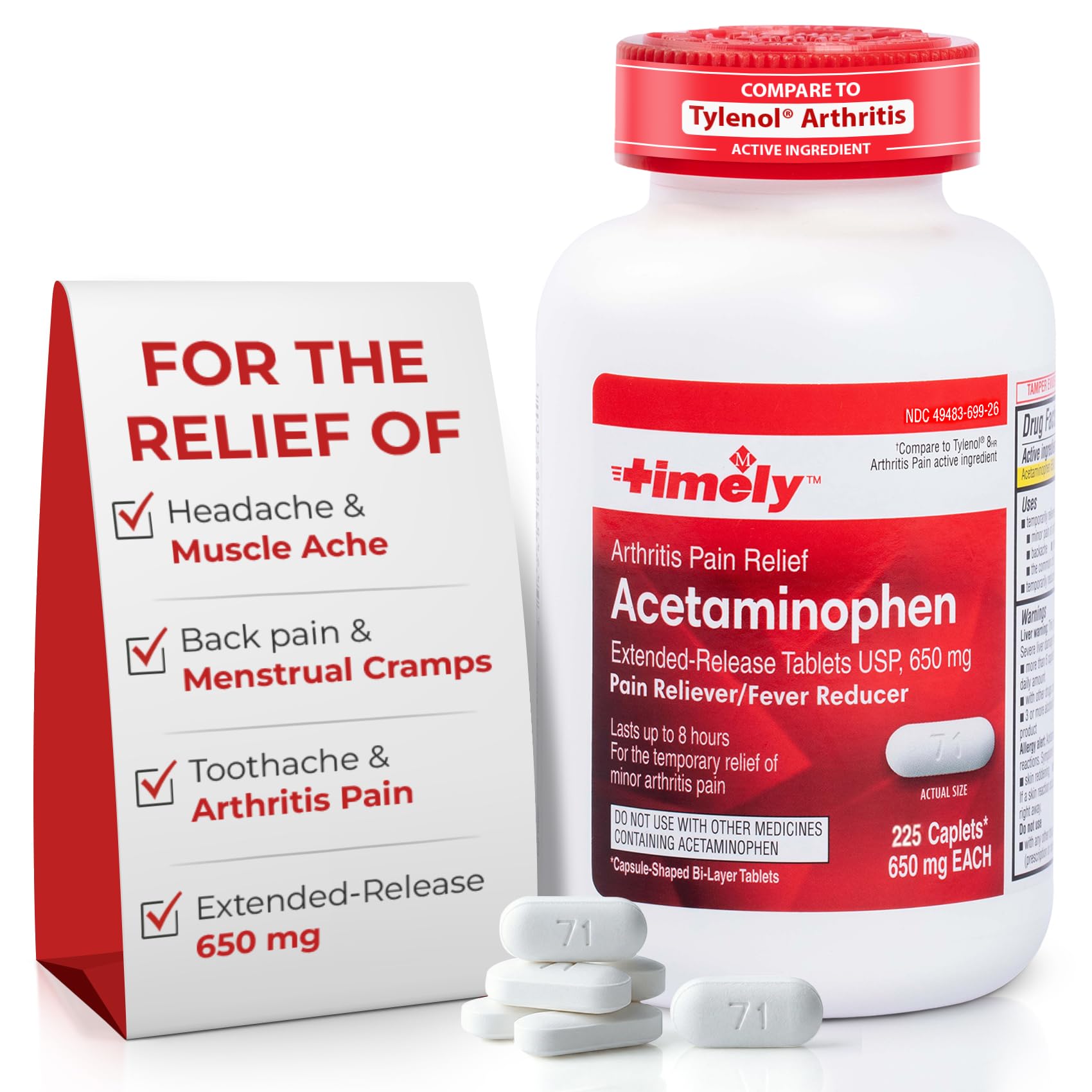 TIME-Cap Labs 225 Caplets Extended Release Acetaminophen 650mg - Pain Reliever & Fever Reducer for Adults, Helps with Headaches, Backaches, Muscle Pain, Toothaches & Menstrual Cramps