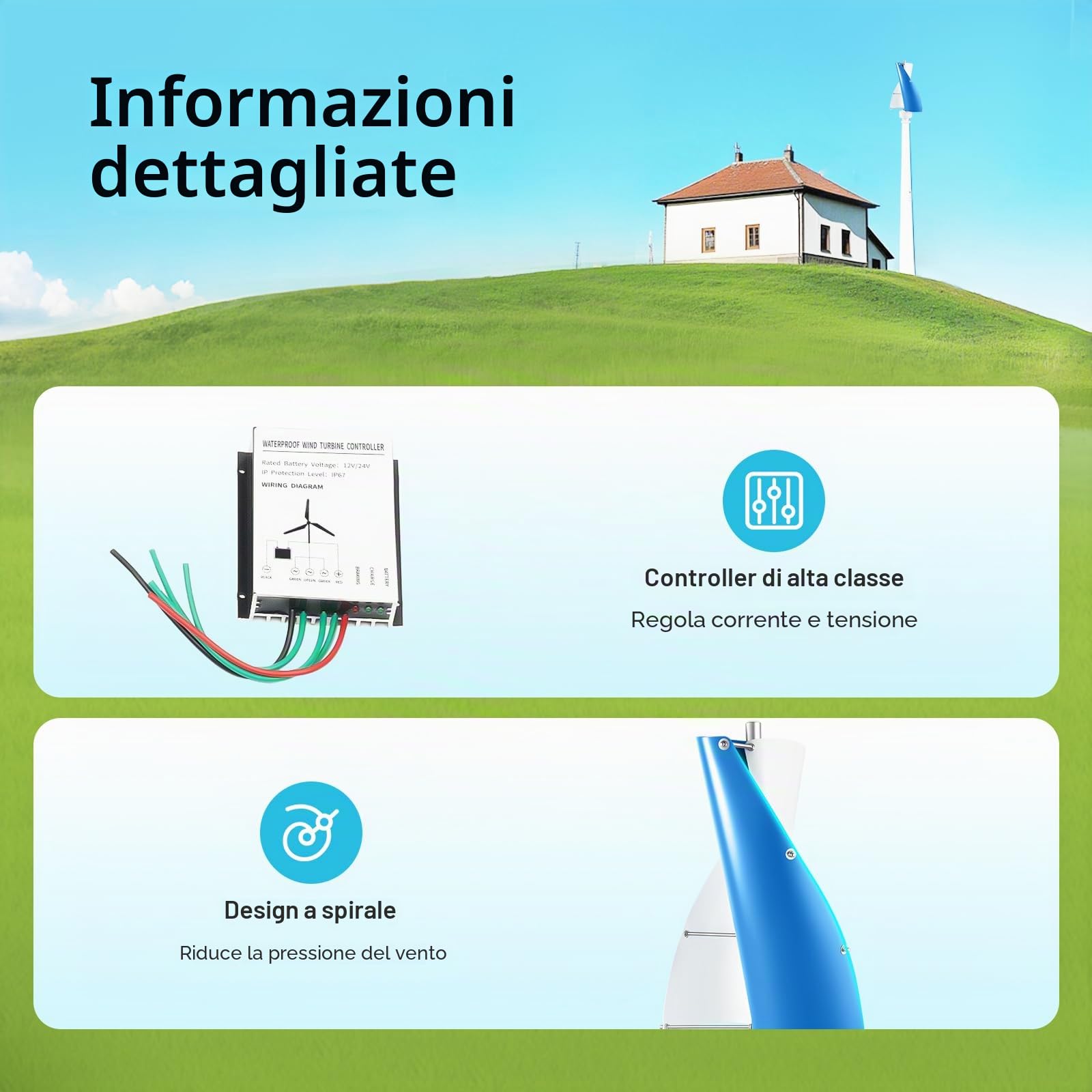 Generatore eolico verticale, 100 W, turbine eoliche con centralina, generatore di turbine eoliche per casa, affari e alimentazione industriale, silenzioso