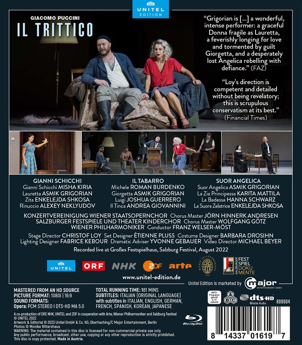 Puccini : Il Trittico. Grigorian, Kiria, Burdenko, Guerrero, Mattila, Schwarz, Welser-Möst, Loy.