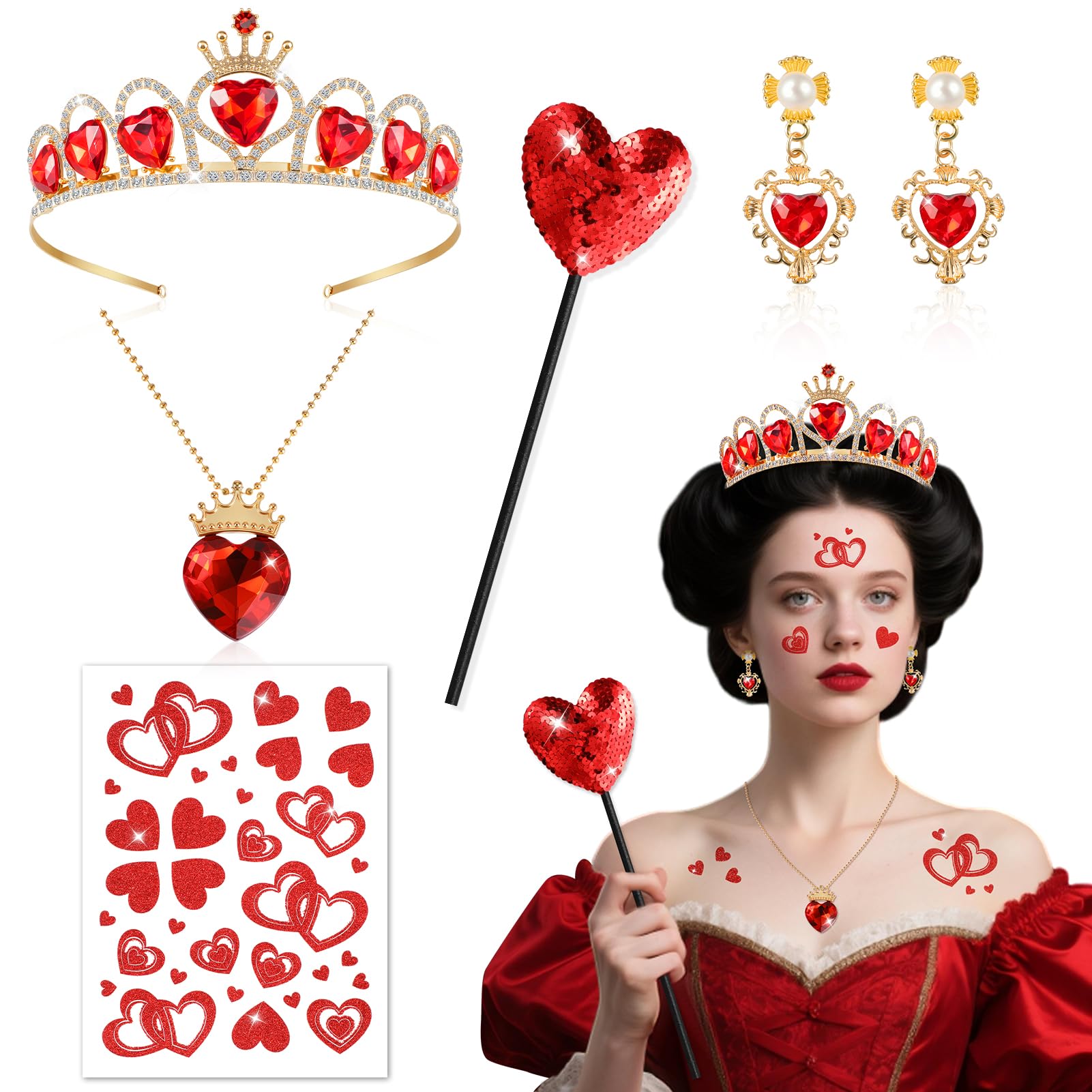 Beipegin 5PCS Queen of Hearts Accessories Set, Crown Headband Earings Necklace Wand Face Stickers, Queen of Hearts Costume Accessories Women Girls for Halloween Carnival World Book Day Cosplay Party