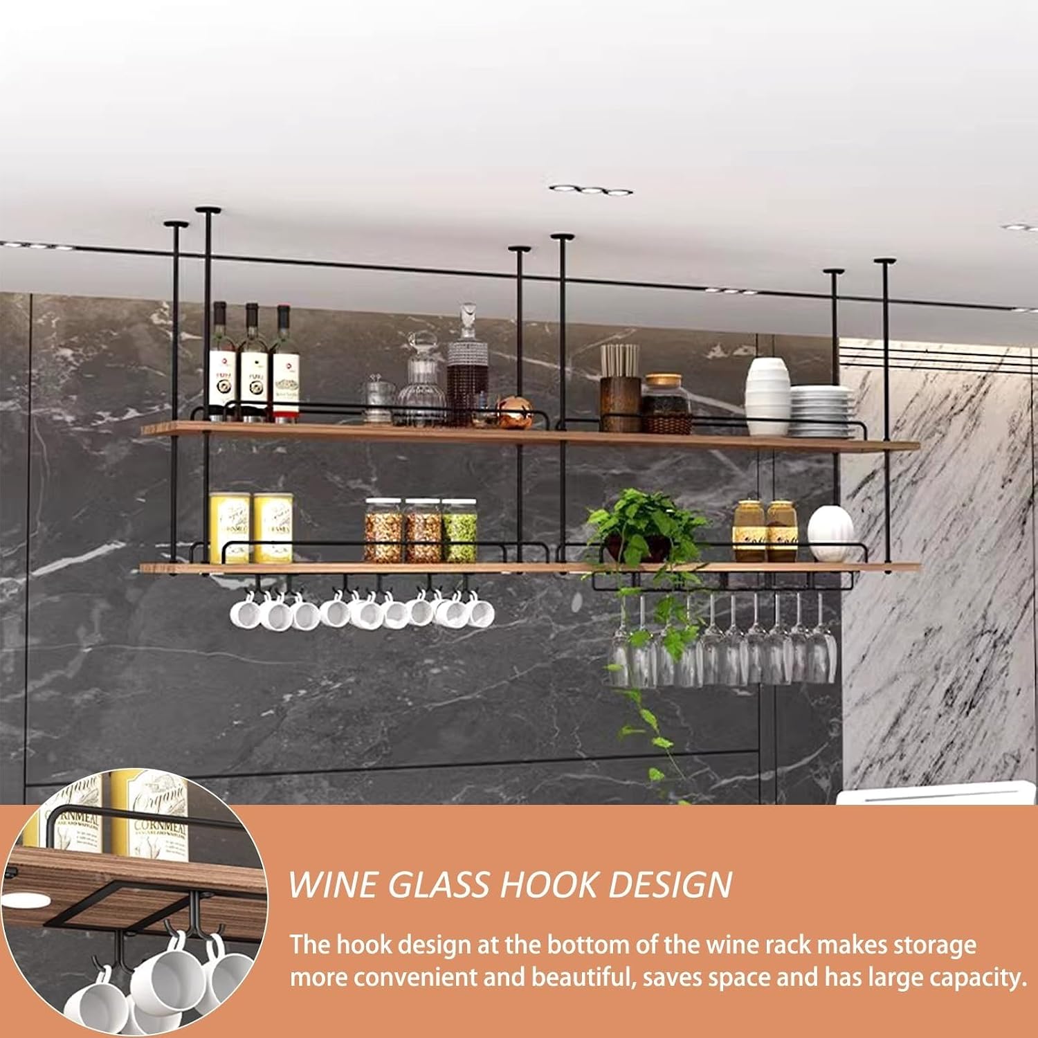Hanging Wine Rack - Ceiling Floating Shelves, Hanging Ceiling Shelf Industrial Storage Shelf Ceiling Mounted, Floating Hanging Shelf 2 Tier Wine Rack, Kitchen/Restaurant/Bar Decoration ( Size : 80*26*