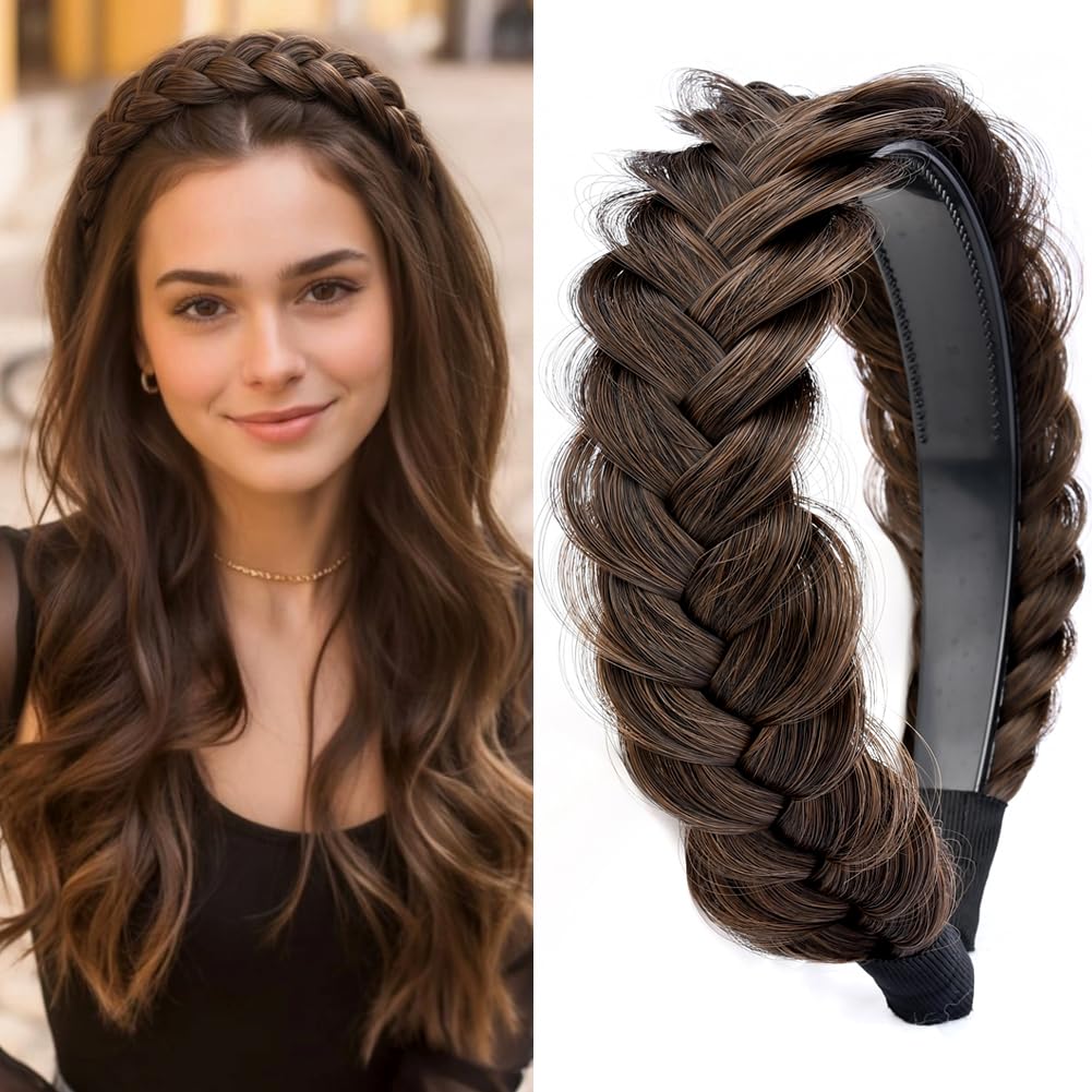 DIGUAN Wide Messy Braided Headband With Teeth Synthetic Hair Plaited Headband High Elasticity Braids Chunky Fishtail Braided Hair Band Hairpiece for