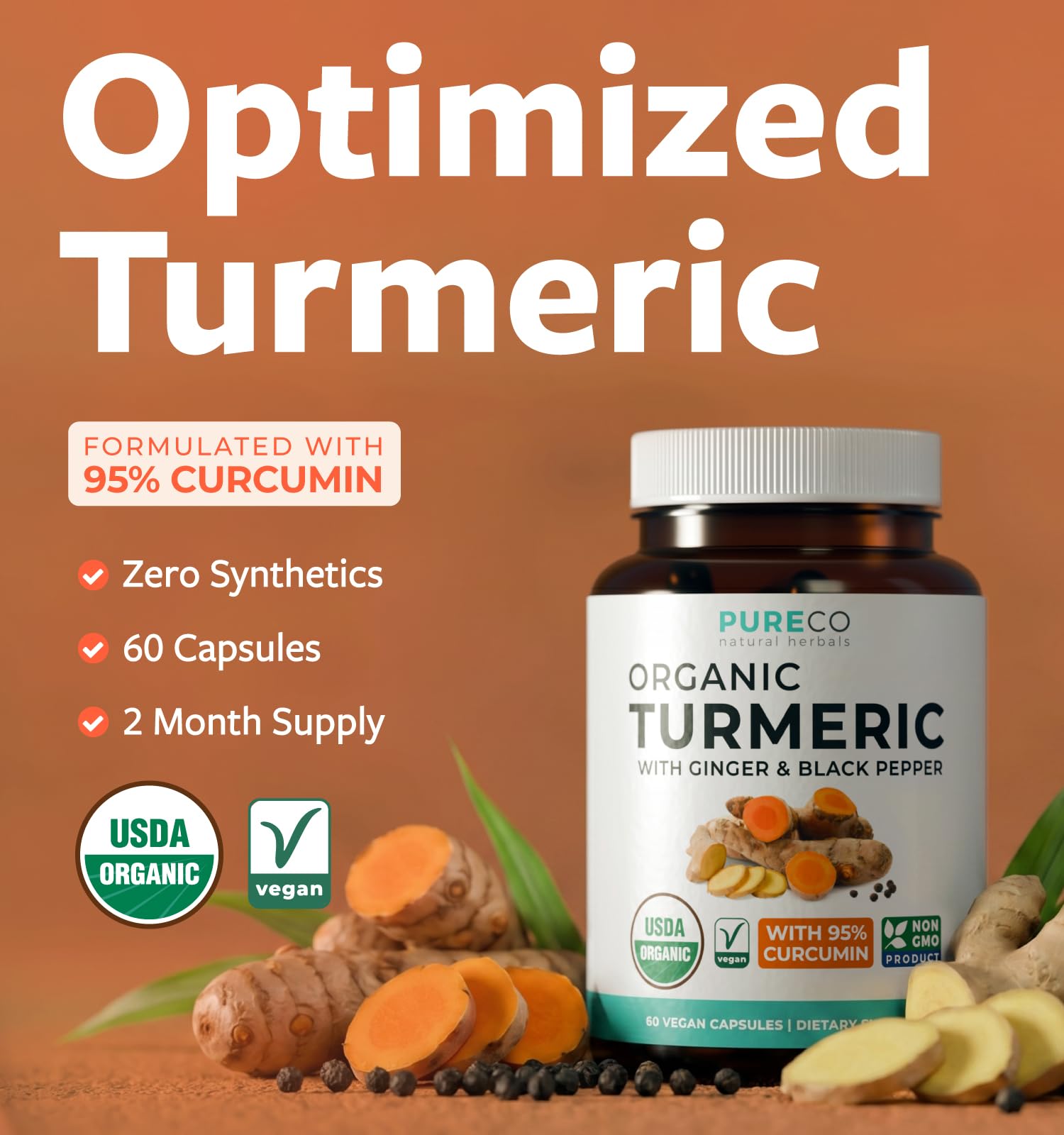 Organic Turmeric Ginger Black Pepper Supplement - High Potency Organic Turmeric Curcumin Capsules with Ginger & Black Pepper for Enhanced Benefits and Absorption - Vegan & Non-GMO (2 Month Supply) — Amazon image 2