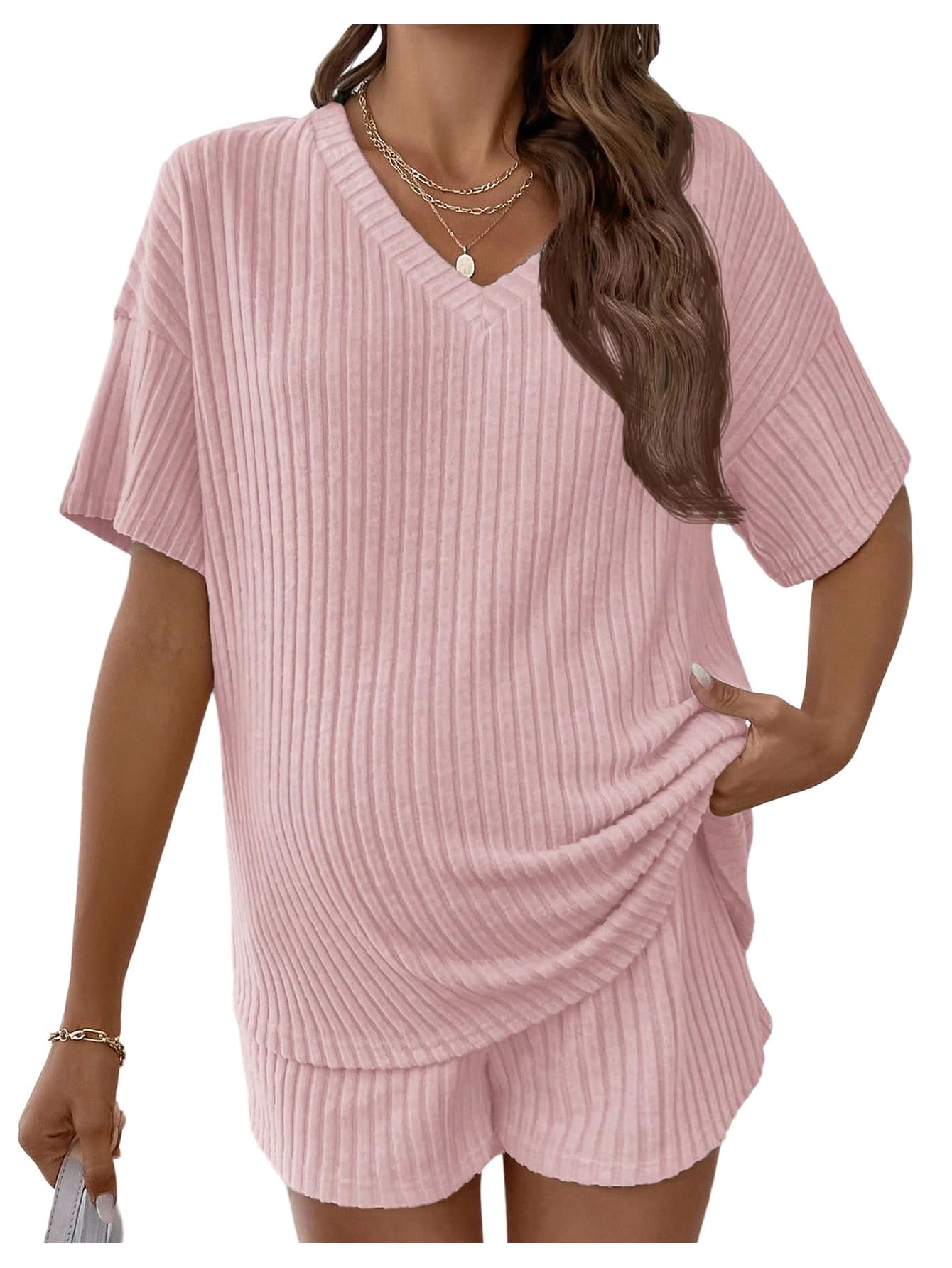 MakeMeChic Women's Maternity 2 Piece Sets Ribbed Shirt and Biker Shorts