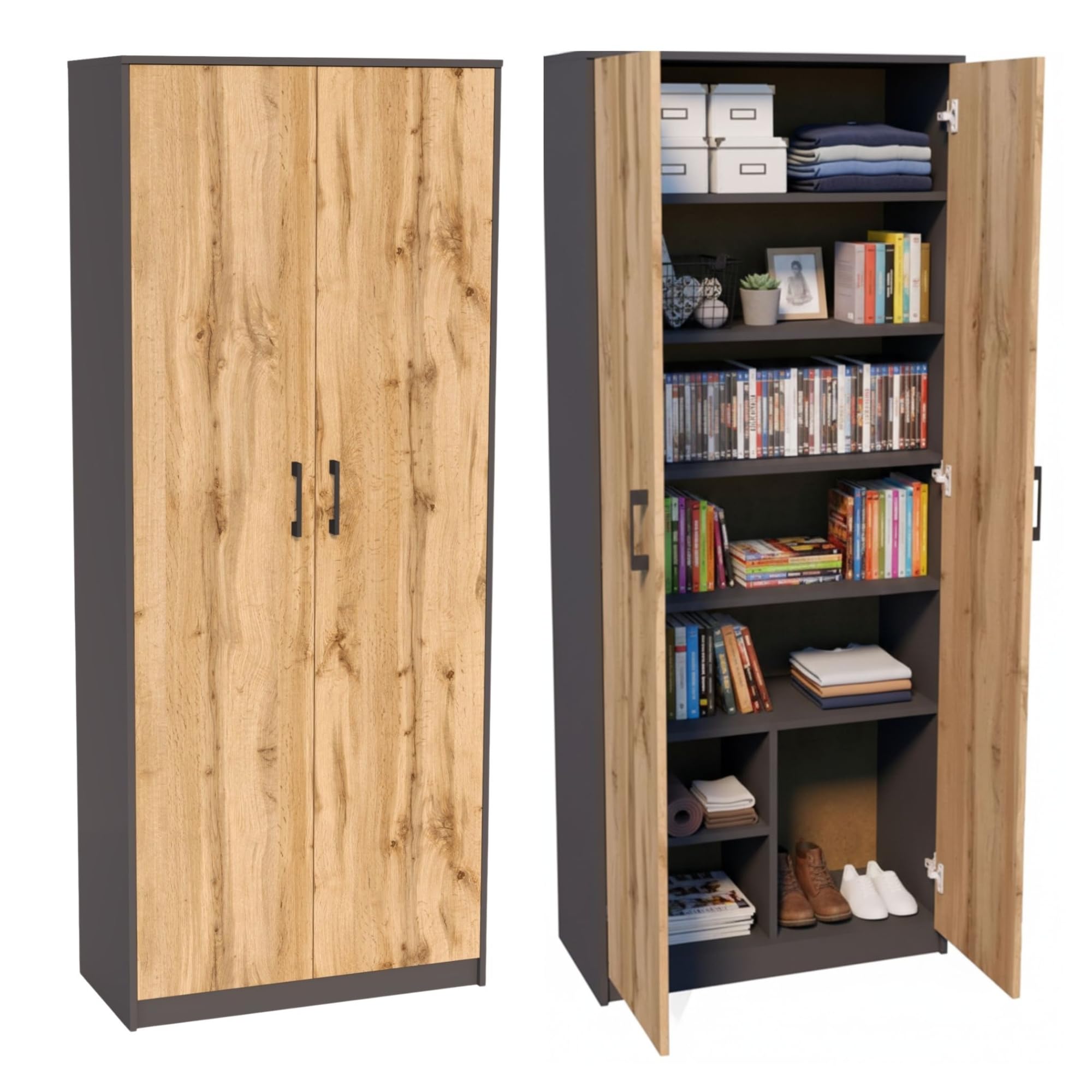 Home Collective Mehrzweckschrank mit 8 Fächern Besenschrank Haushaltsschrank in mattem Finish mit 6 Einlegeböden und 2 Türen 74 cm breit aus Laminatplatte und hochwertigen Polymergriffen graphit Eiche