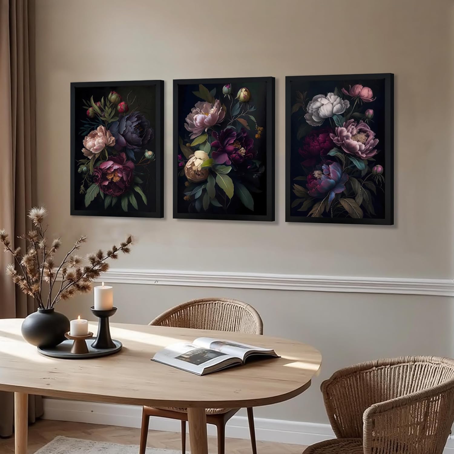 ICHZUMW Moody Peony Vintage Floral Wall Art Set of 3, Dark Academia Floral Black Wood Framed Wall Decor, Gothic Flower Pictures for Bedroom Living Room, Elegant Romantic Botanical Room Decor, 16x24in