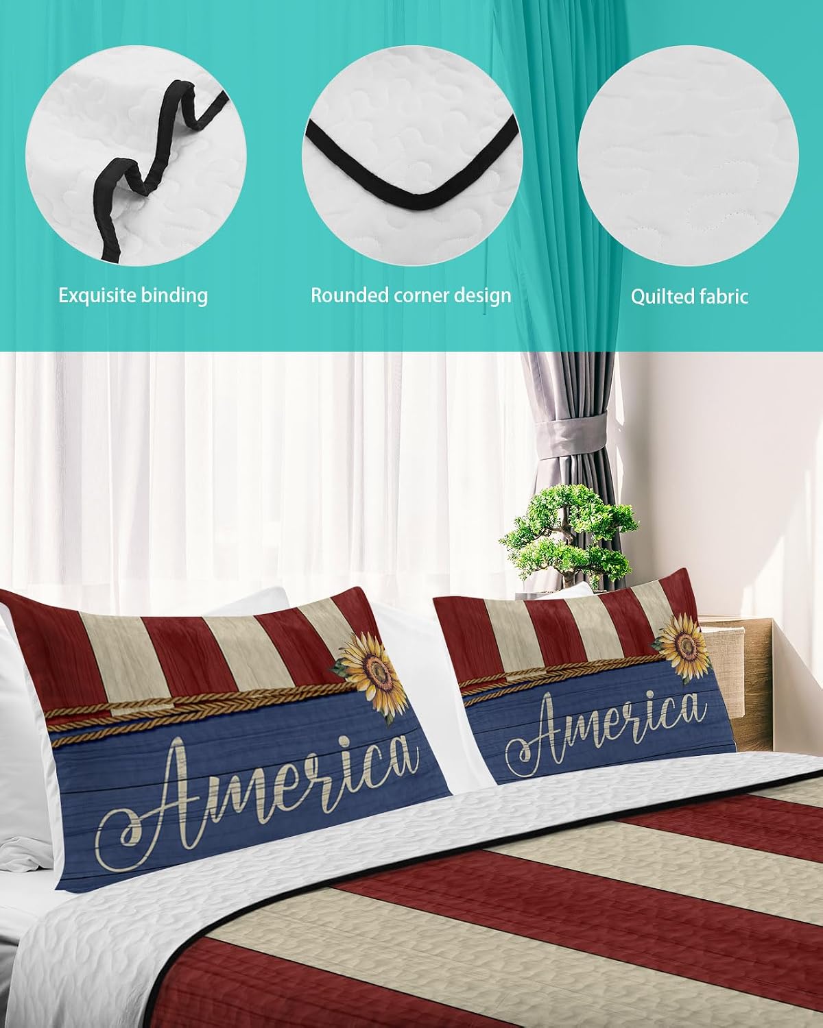 King Size Quilt Set, Stripes Sunflower USA Flag Lightweight Bedspread Coverlet Set Soft Microfiber Summer Quilt with 2 Pillow Shams, 4th of July Farmhouse Wood Grain 3 Piece Comforter Bedding Set