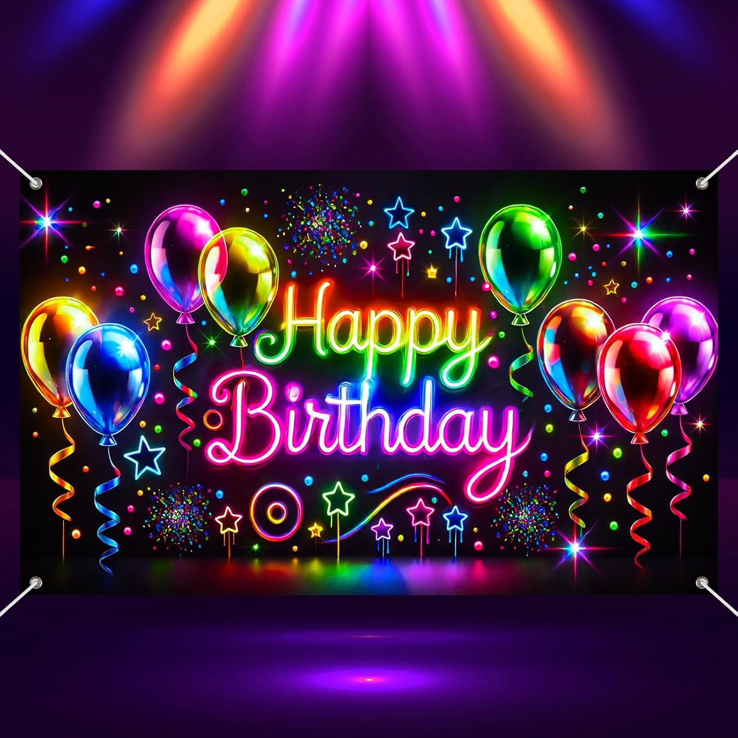 Neon Happy Birthday Banner 71x43 Inch Glow Party Decorations Backdrop Balloons Stars Luminous Birthday Party Decoration Photo Booth Props Background For Girls or boys gifts