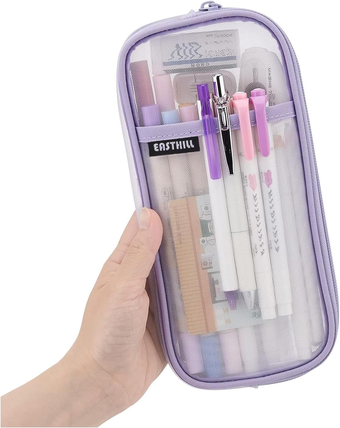 EASTHILL Grid Mesh Pen Pencil Case with Zipper Clear Makeup Color Pouch Cosmetics Bag Multi-Purpose Travel School Teen Girls Transparent Stationary Bag Office Organizer Box for Adluts-Purple