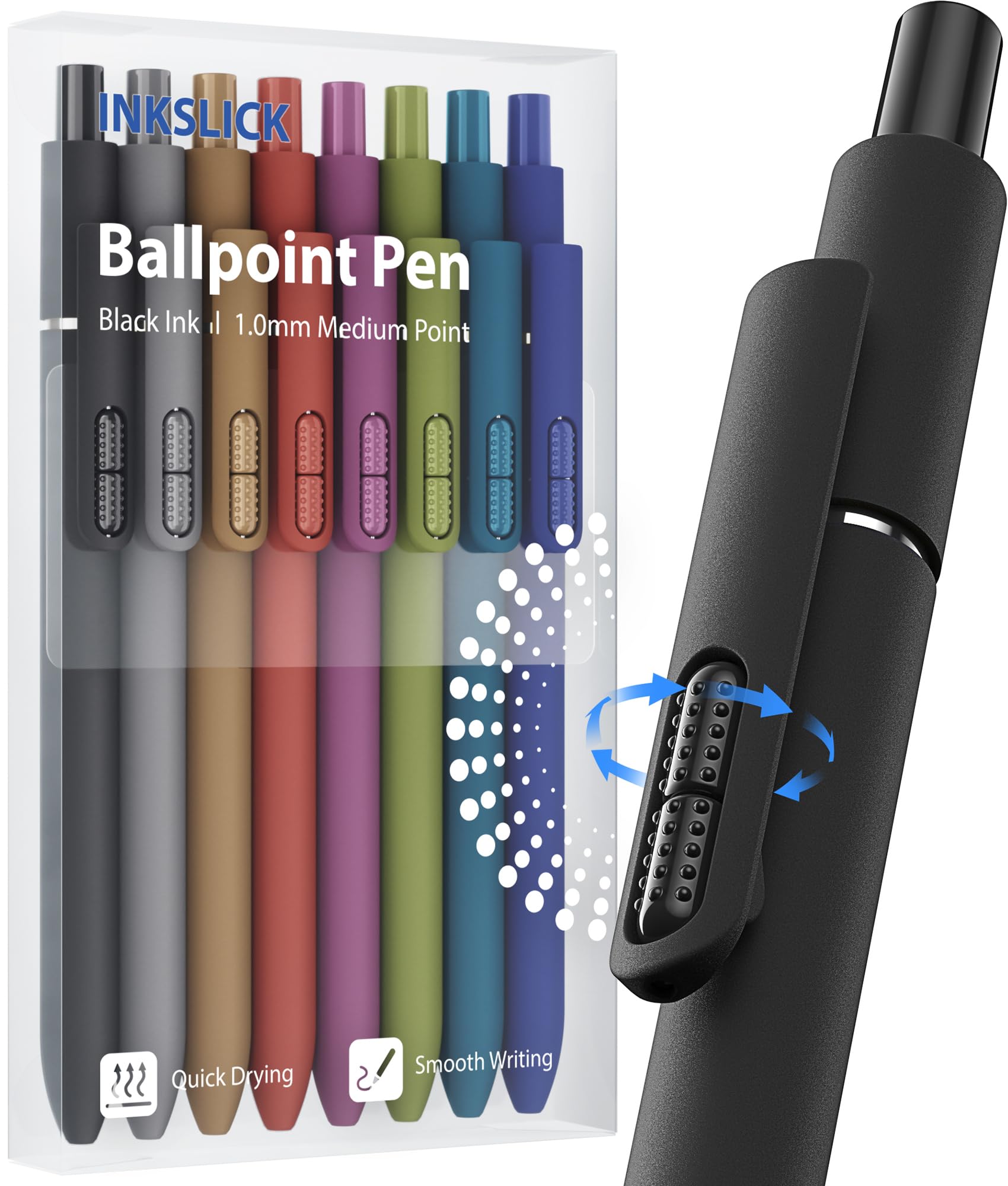 InkSlick 8 Pcs Black Ballpoint Pens - 1.0mm Medium Point Smooth Writing Black Ink Ball Point Pens | High-end Long Lasting Retractable Pen for School, Home, Office (Vintage-8pcs)