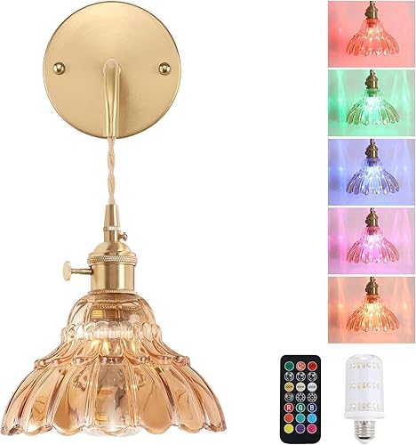 Miniatura 23 de Juego de 2 apliques de pared a pilas, luces de pared recargables vintage con pantalla de vidrio de lirio ámbar, lámpara de pared inalámbrica para