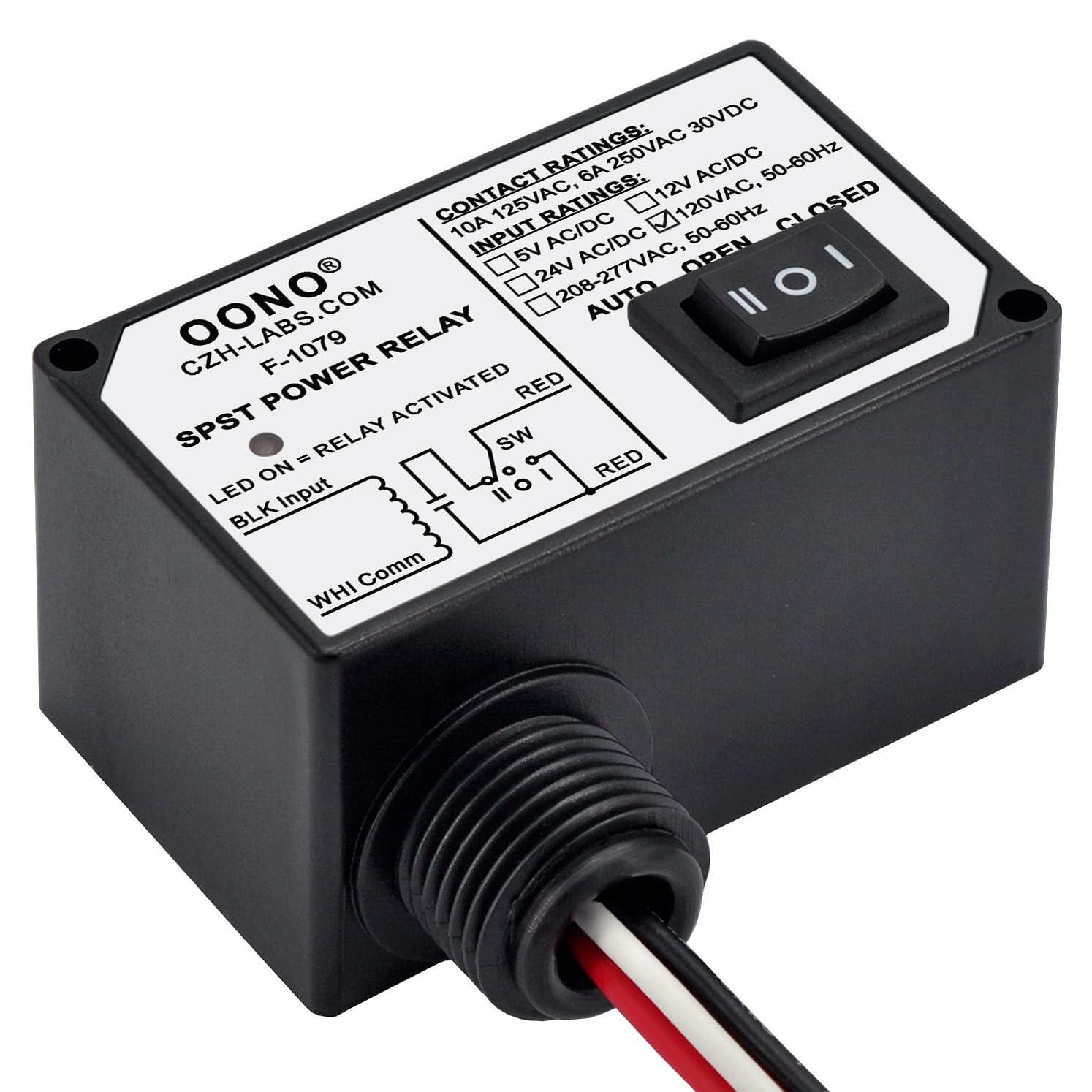 AC120V Power Relay Module SPSP-NO + Override Switch, 10Amp 125VAC, 6A 250VAC/30Vdc, Plastic Enclosure and Pre-Wired