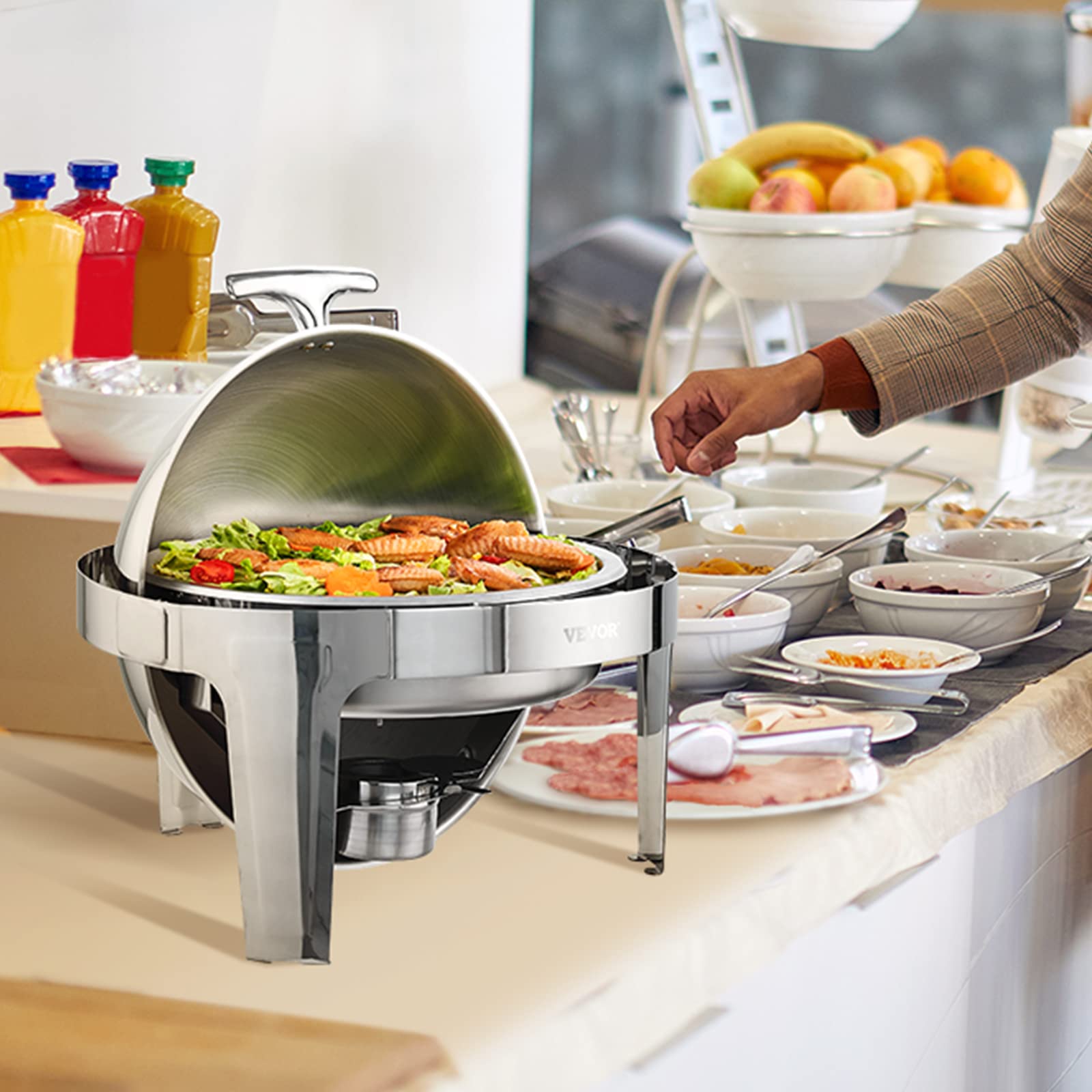 VEVOR Set di Scaldavivande 2 Pezzi in Acciaio Inox per Servizio Buffet Catering Ristorazione Coperchio Arrotolabile Capienza Max. 5,5L, Set di Vassoio di Riscaldamento Scaldavivande Rotonda per Buffet