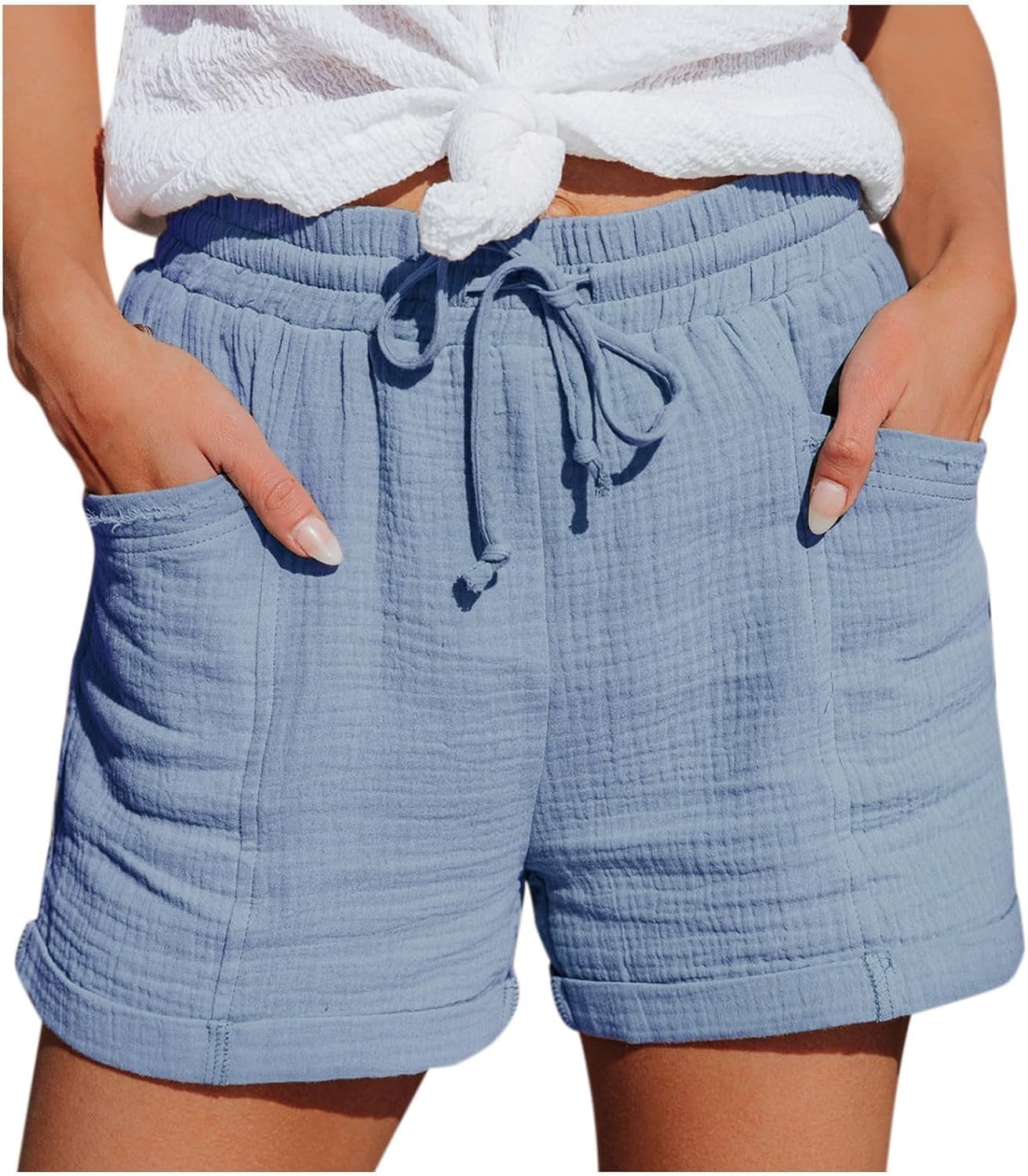 Linen Shorts for Women High Waisted Plus Size Lounge Beach Drawstring Casual Outfits 2025 Vacation Short(Black)