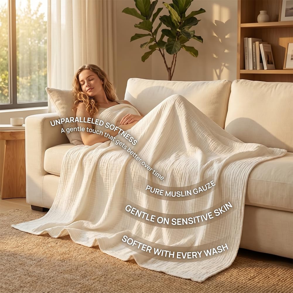 Sanfte Musselindecke, Sommer Musselin Decke Für All Seasons, Leicht & Atmungsaktiv Baumwolle Kuscheldecke Muslin Blanket Erwachsene, Sanfte Musselin Decke Für Couch, Sofa & Bett (E, M)