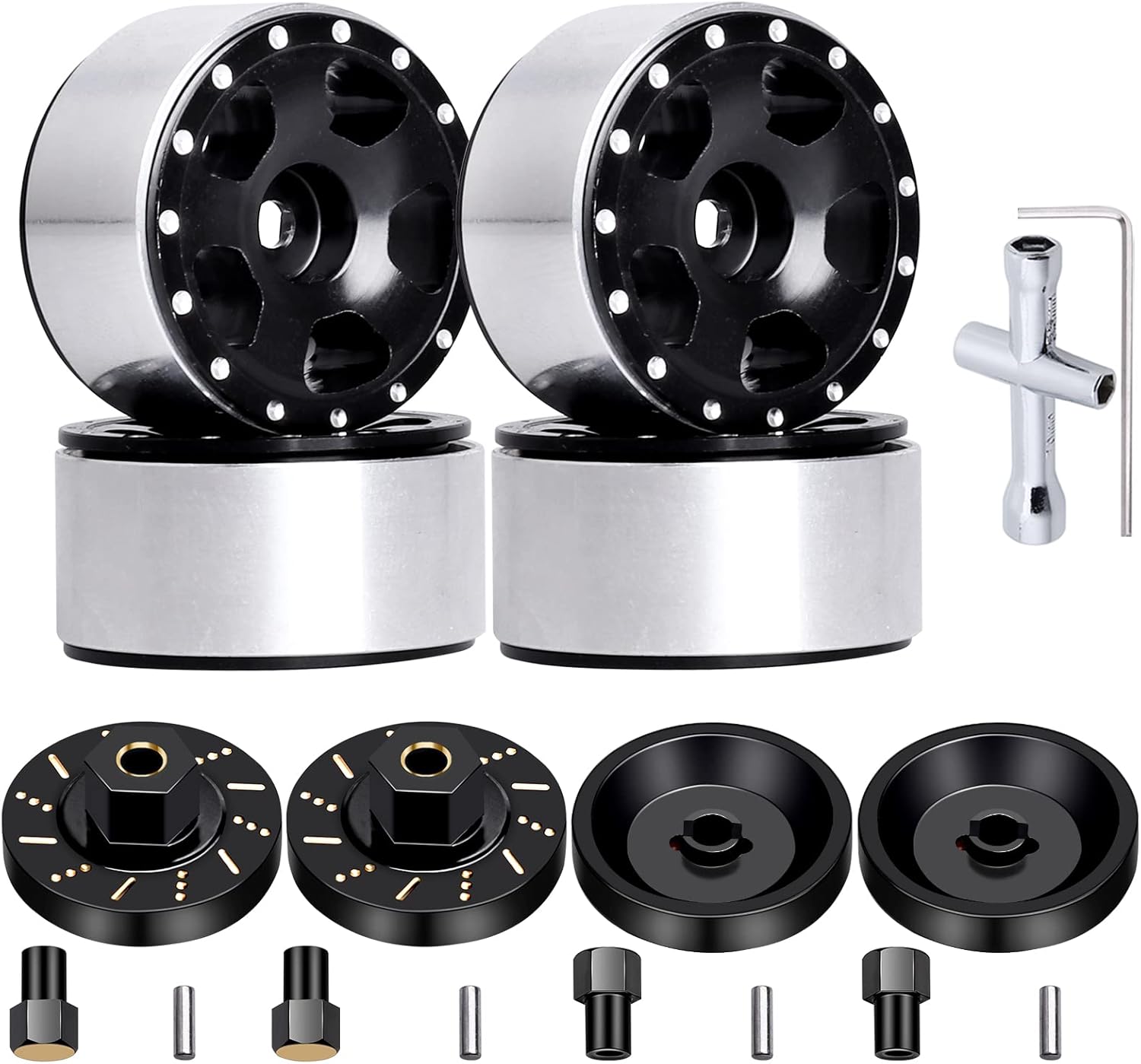 Hobbypark 4pcs 1.0 Beadlock Wheels Rims with Brass Wheel Weights Extended 7mm Hex Wheel Hubs for 1/24 RC Crawler Car Axial SCX24 Gladiator Bronco C10 Deadbolt Upgrades (Type B)