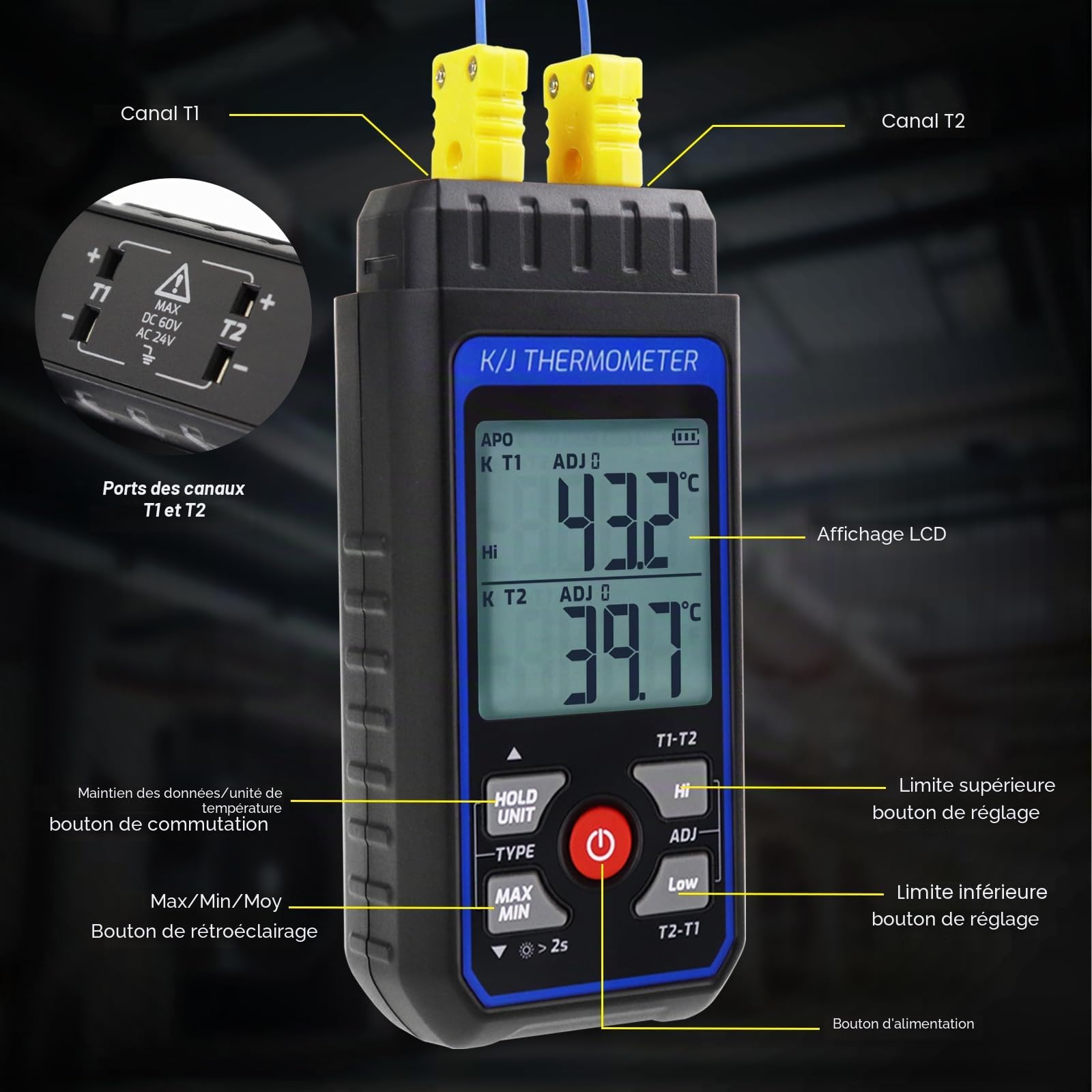 Thermomètre thermocouple numérique à double canal de type K/J avec sondes thermocouple de type 2 K et 2 pinces de température, plage de -328 ~ 1 500 °C, compteur de température HVAC industriel avec