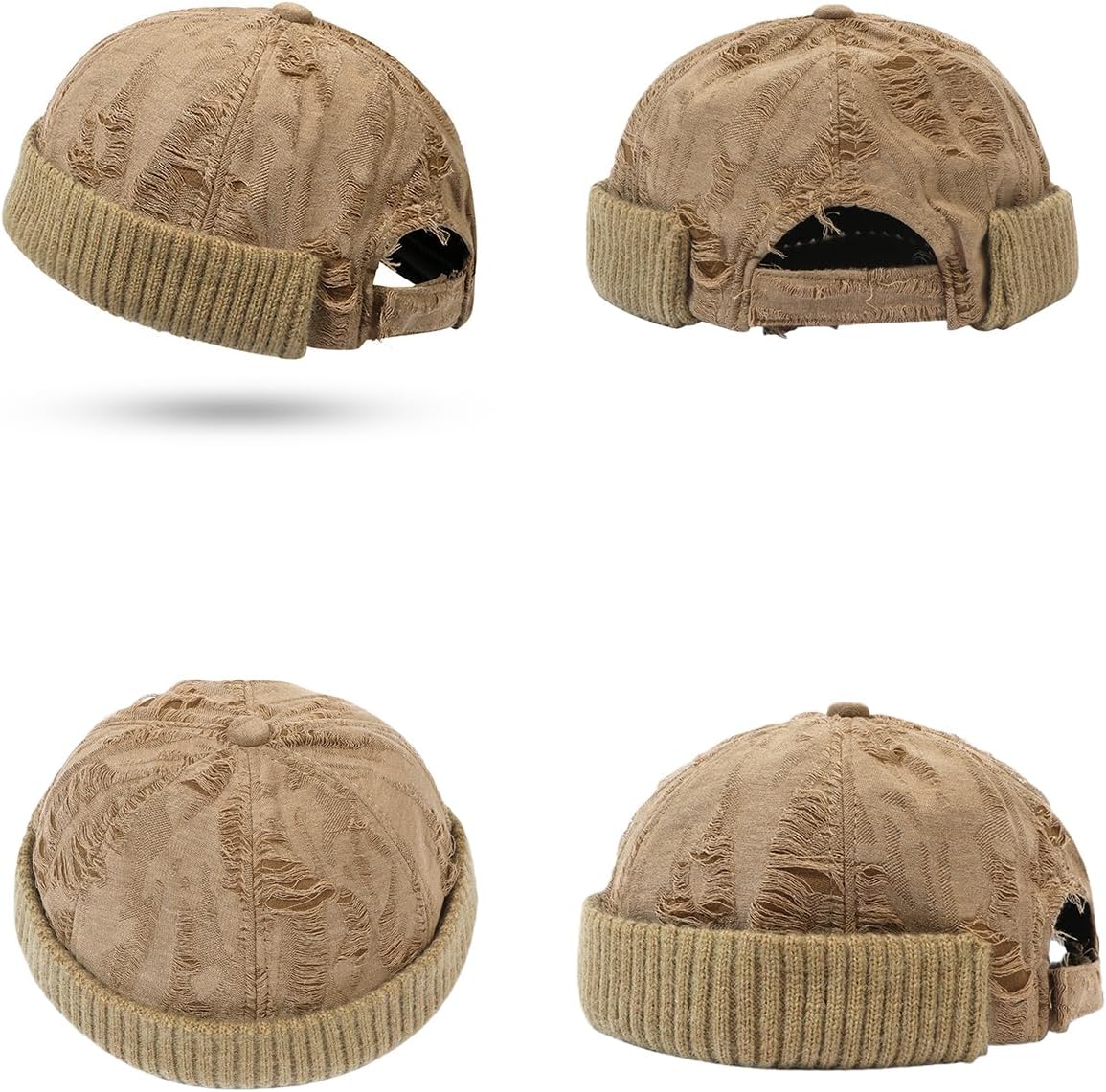 Distressed Brimless Hat for Men Wash Cotton Skullcap Sailor Cap Rolled Cuff Beanie Hat