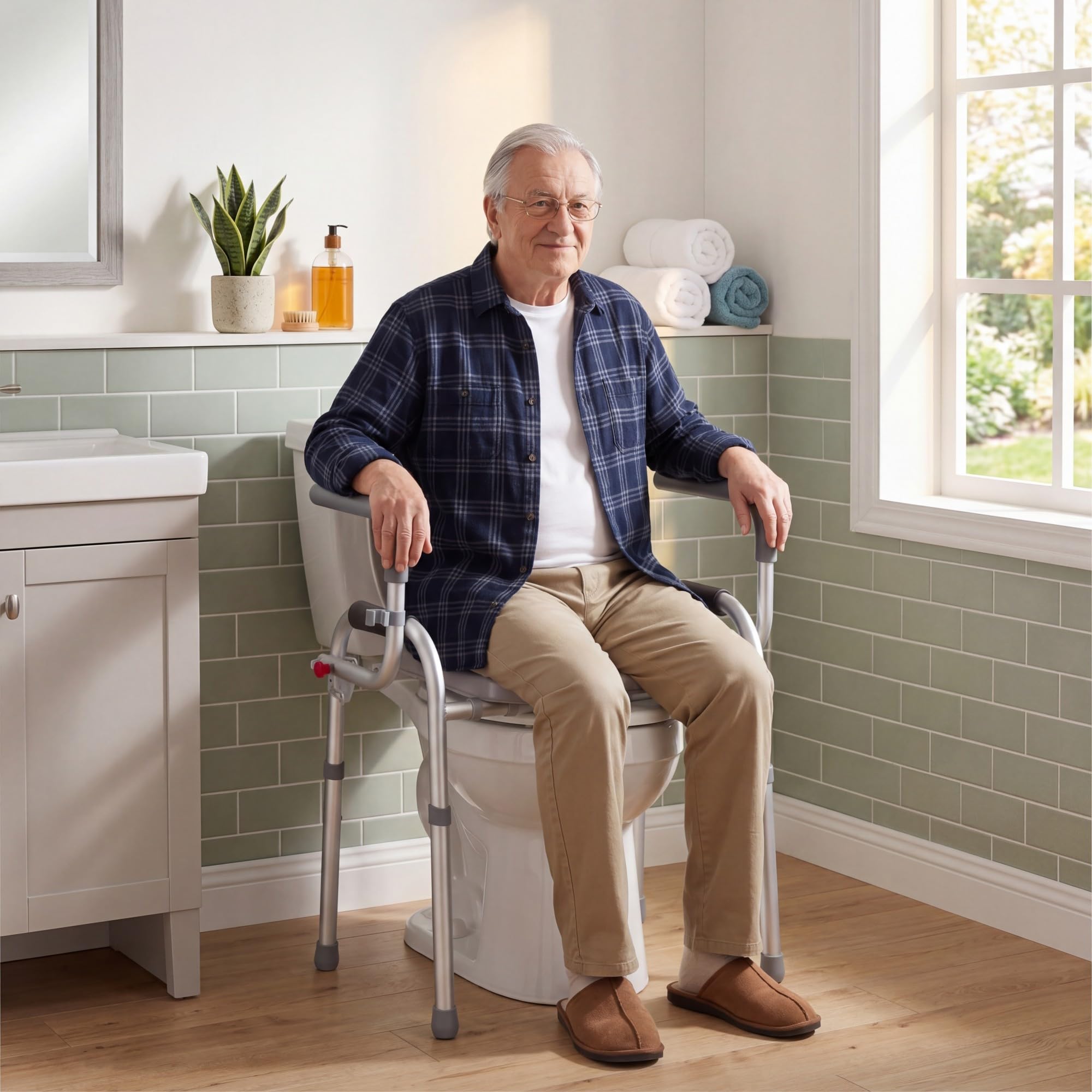 RELAX4LIFE Rialzo WC per Anziani, Lega di Alluminio, Maniglia Antiscivolo, Altezza Regolabile da 49 a 59 cm, Supporto per Doccino, Carico max. 136kg, Sedia WC Disabili