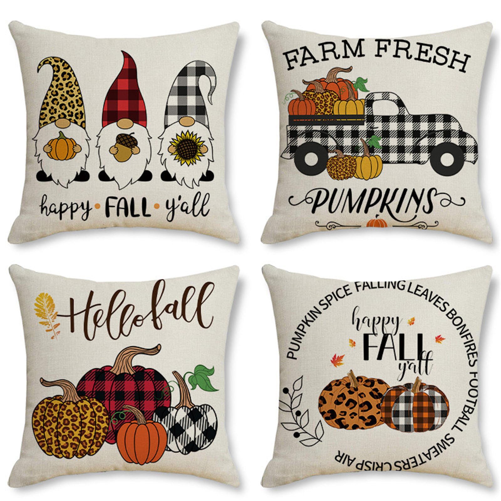 Housse coussin 50x50cm lot de 4 taie d'oreiller lin citrouilles pour canapé lits chaises