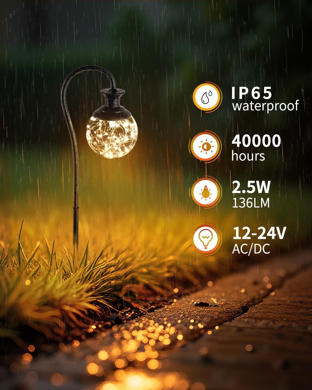 Low Voltage Globe Garden Lights, Landscape Lighting Low Volt Glass Pathway Lights, Decroative LED Path Lighting for Path, Patio, Yard, Walkway, 12-24V AC/DC, Corded, Waterproof, 2.5W 136LM