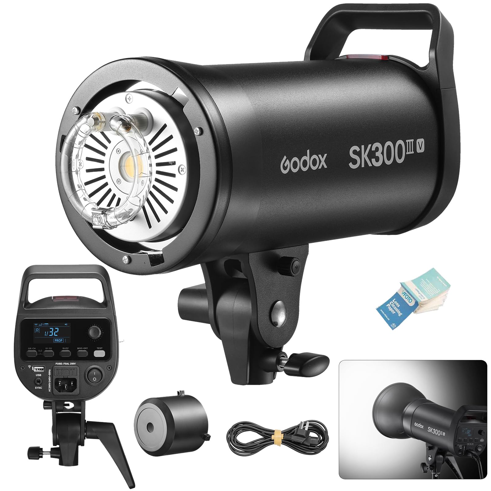 GODOX SK300III-V Flash de Studio, SK300IIIV 300Ws GN58 Strobe Light avec Lampe Modèle 10W, Temps de Recyclage de 0,1s a 1,5s, Bowens Mount, Système X sans Fil 2.4G
