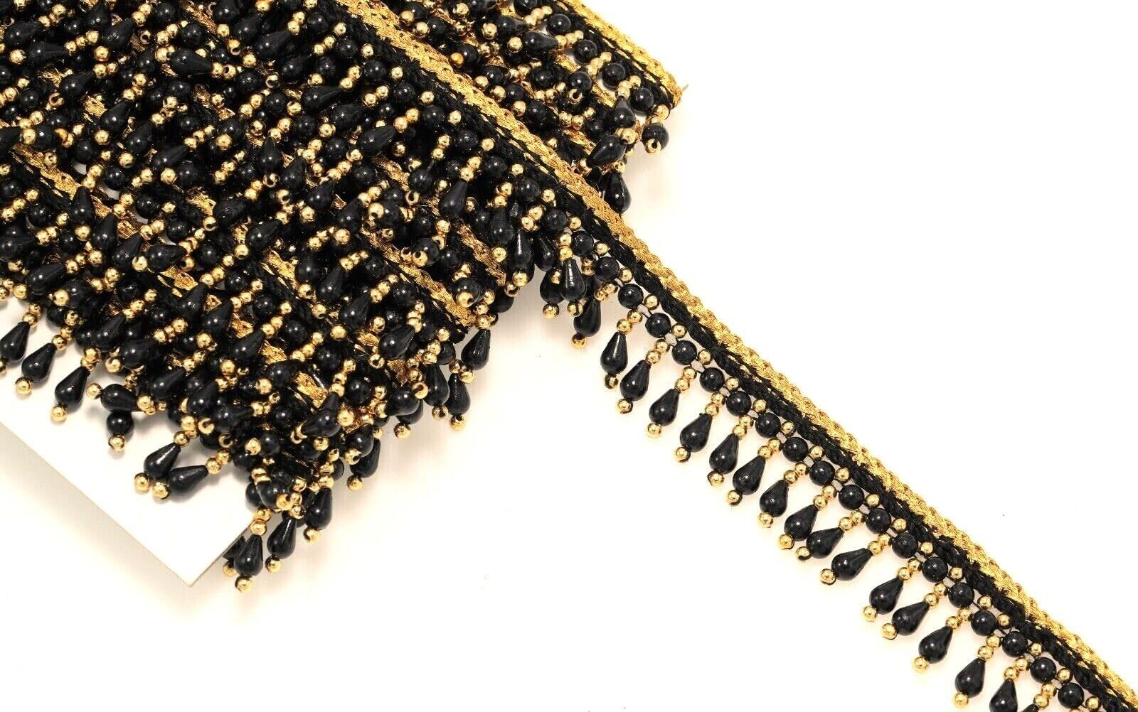 Feathers Creation Ltd Beaded Fringe 2 Yard 2.5 Cm Wide Drop Shape Plastic Sequence and Pearl Combination Vintage Style Trim Ribbon Sewing on Edging Crafts Wedding Decor Bridal Dress (Black)