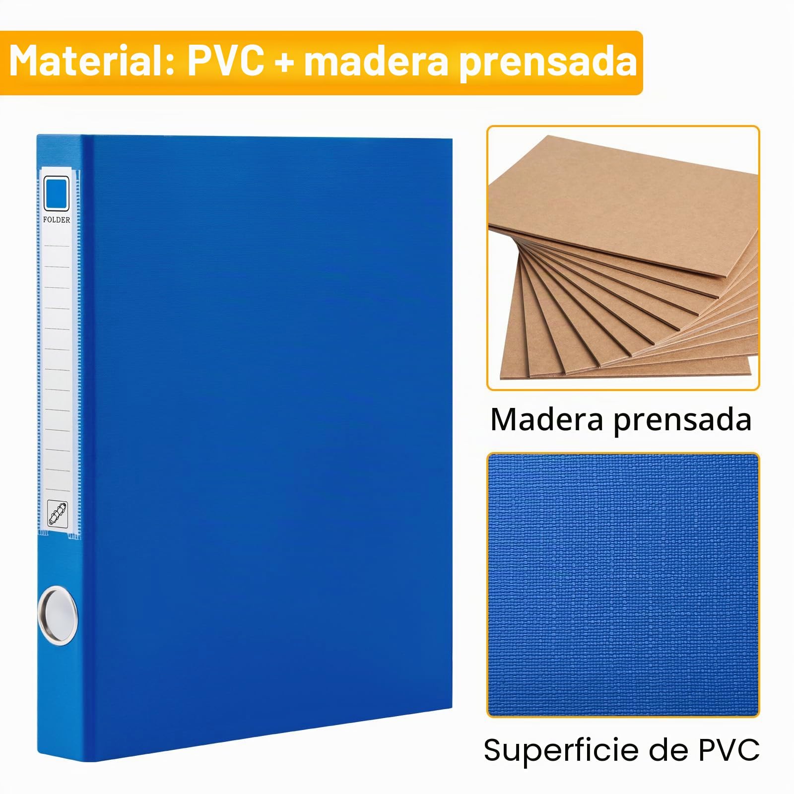 Archivador 4 Anillas A4, 4 Piezas Carpetas de Anillas en D, Lomo de 45mm, 2,5mm Cartón Duro+PVC Carpeta para Organizar Documentos, Azul