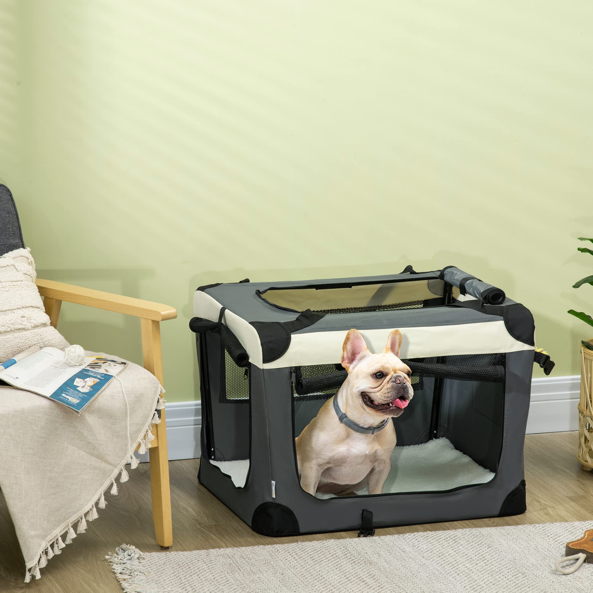 PawHut Bolsa de transporte plegable para mascotas de 70 cm, caja de viaje suave, transportador portátil para gatos con cojín, para gatos y perros pequeños, gris