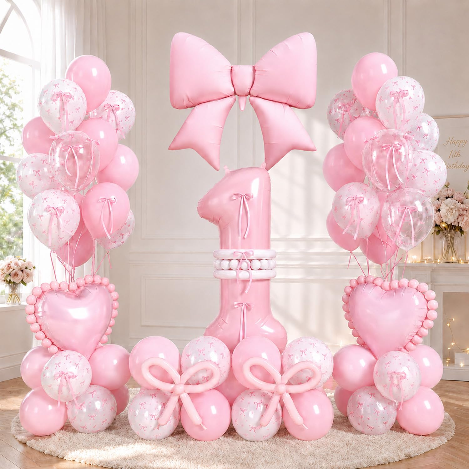 Pink Bow Birthday Decorations Balloon Arch Kit Large Number Balloons Heart Balloons Birthday Party Decorations