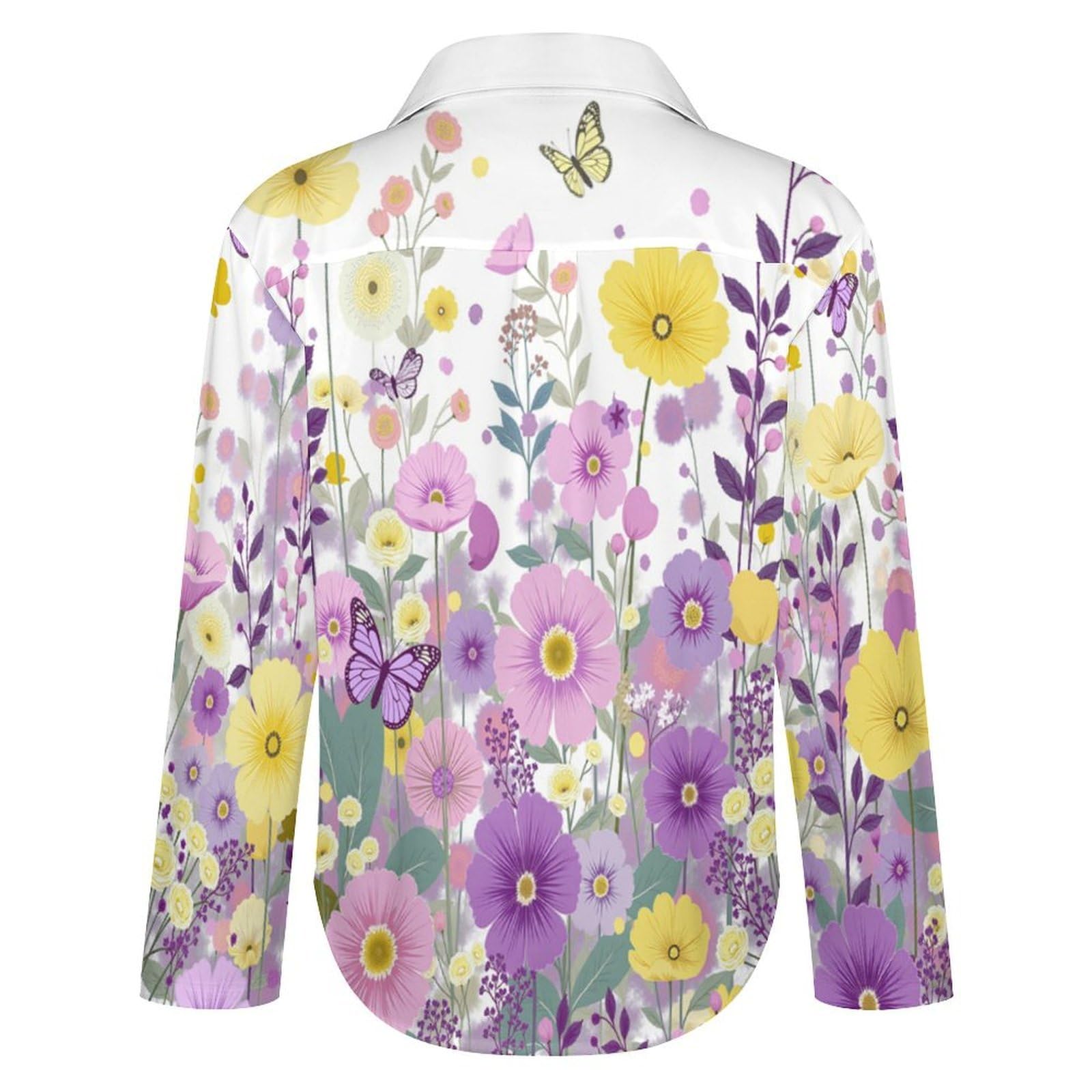 Camicia a Donna Manica Lunga Fiori Selvatici Farfalle Blusa Moda