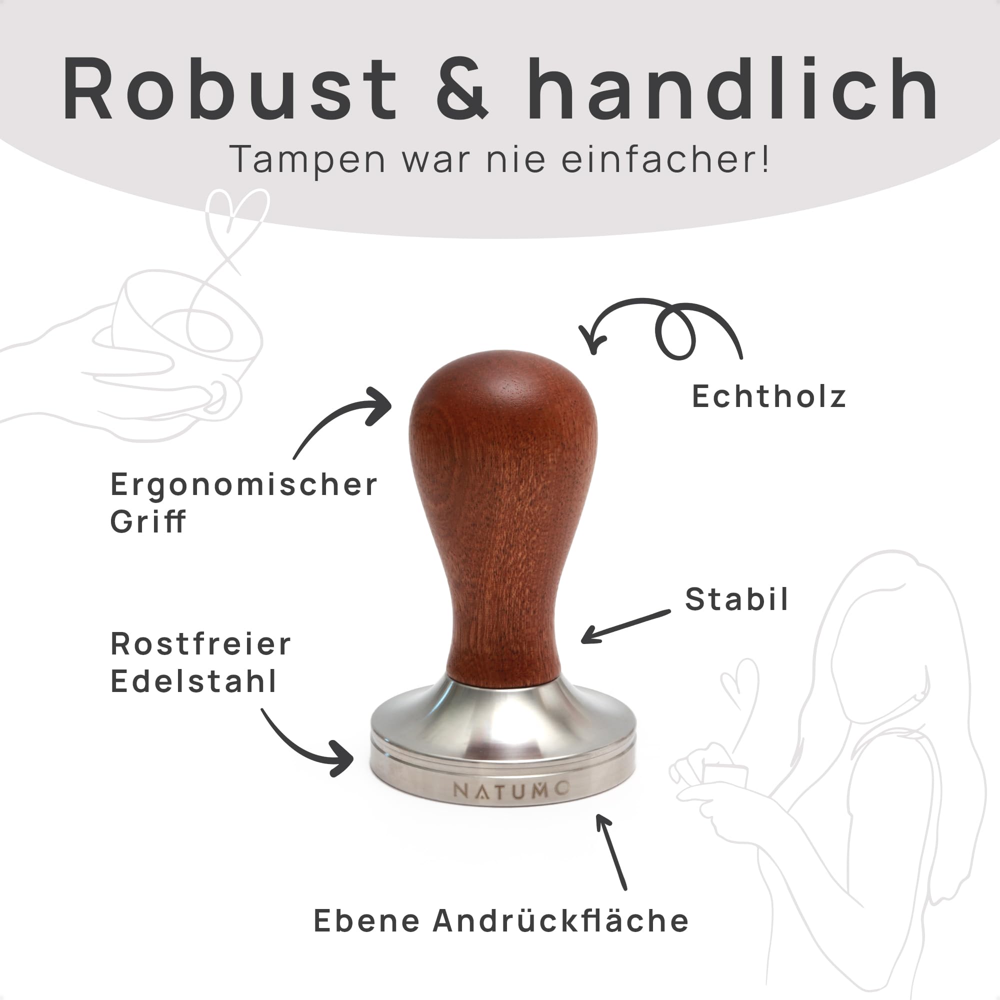NATUMO Espresso Tamper 53 mm, regolazione della pressione (15 kg/35 lbs), accessori portafiltro per caffè, set con tappetino per Tamper (nero