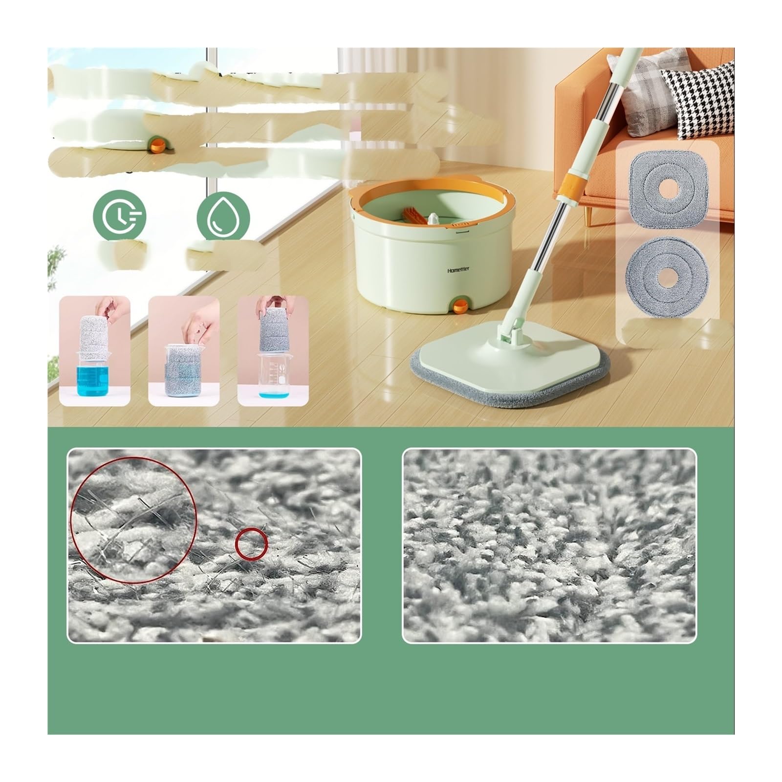 Trapeadores con cubo, baldosas absorbentes de agua y polvo, herramienta de limpieza multifuncional Compatible con cabezales reemplazables for sala de estar del hogar