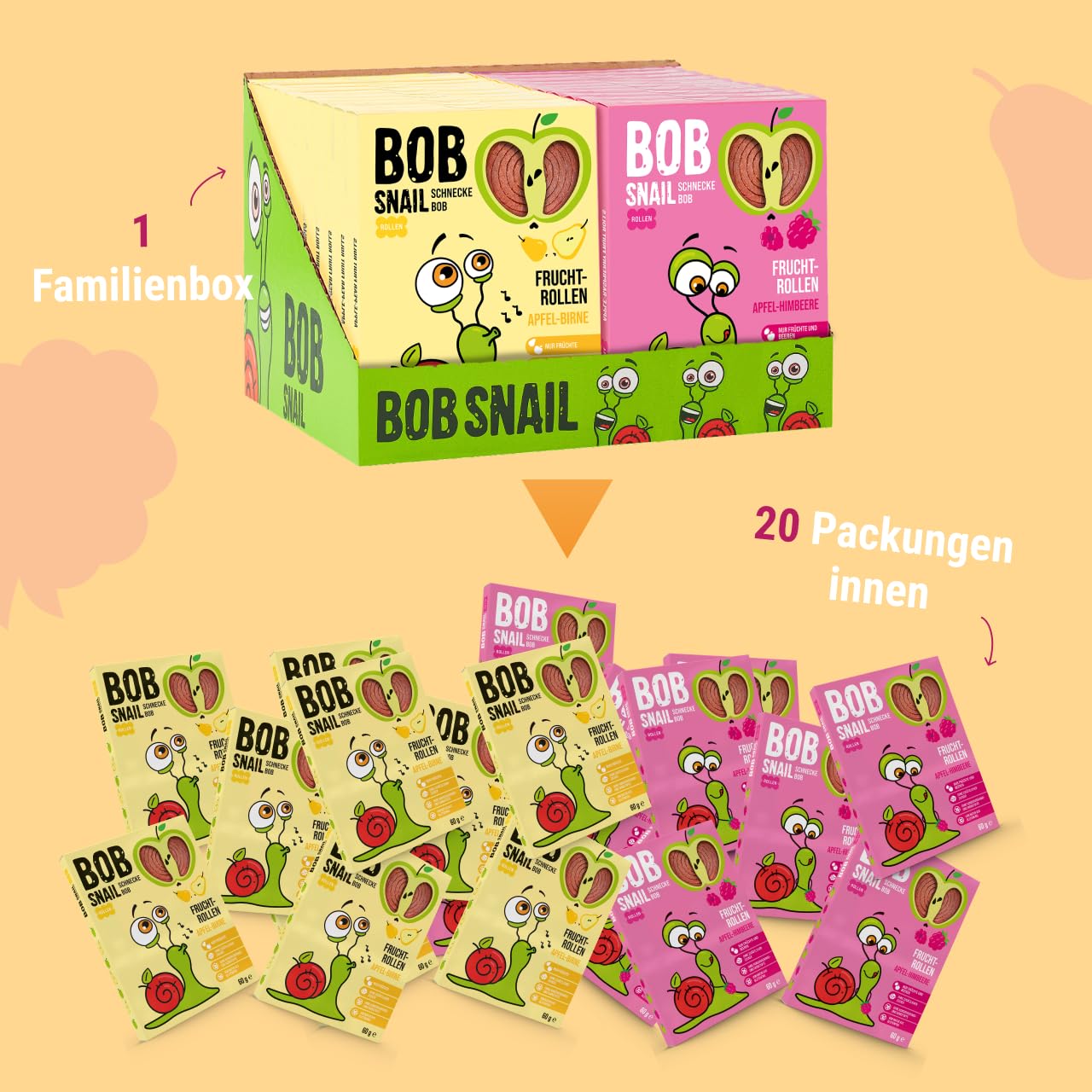 BoB Snail Fruchtrollen aus 100 % Trockenobst – Apfel-Birne & Apfel-Himbeere (je 10 Stück, 20×60 g) – vegan, ballaststoffreich, kalorienarm & ohne Zuckerzusatz – natürlicher Fruchtsnack ohne Zusatzstof