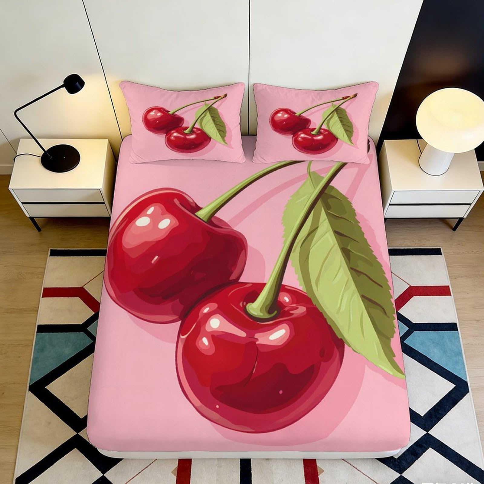 3D Printed Cherry Fruit Fitted Sheet Microfiber Pink Decor Leaf Bed Cover for Bedroom Guest Room Dorm Mattress Protection 90x200x25cm