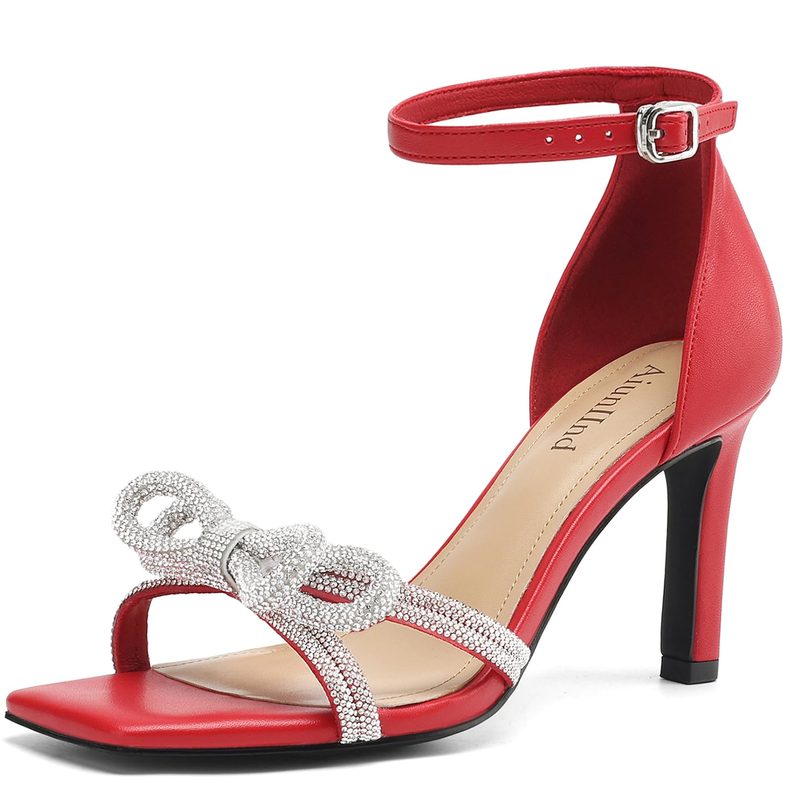 AIUNIIND Women's Double Bowknots Heels Square Open Toe Ankle Strap Rhinestone Dress Shoes for Party Wedding