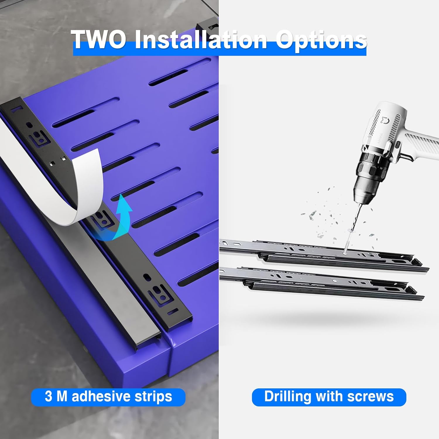 2 Pack Pull Out Cabinet Organizer, Expandable Slide Out Drawers for Kitchen Cabinets Peel and Stick Pullout Drawer Heavy Duty Sliding Shelves for Cupboard, Pantry, Bathroom(16.5" Deep, Blue)