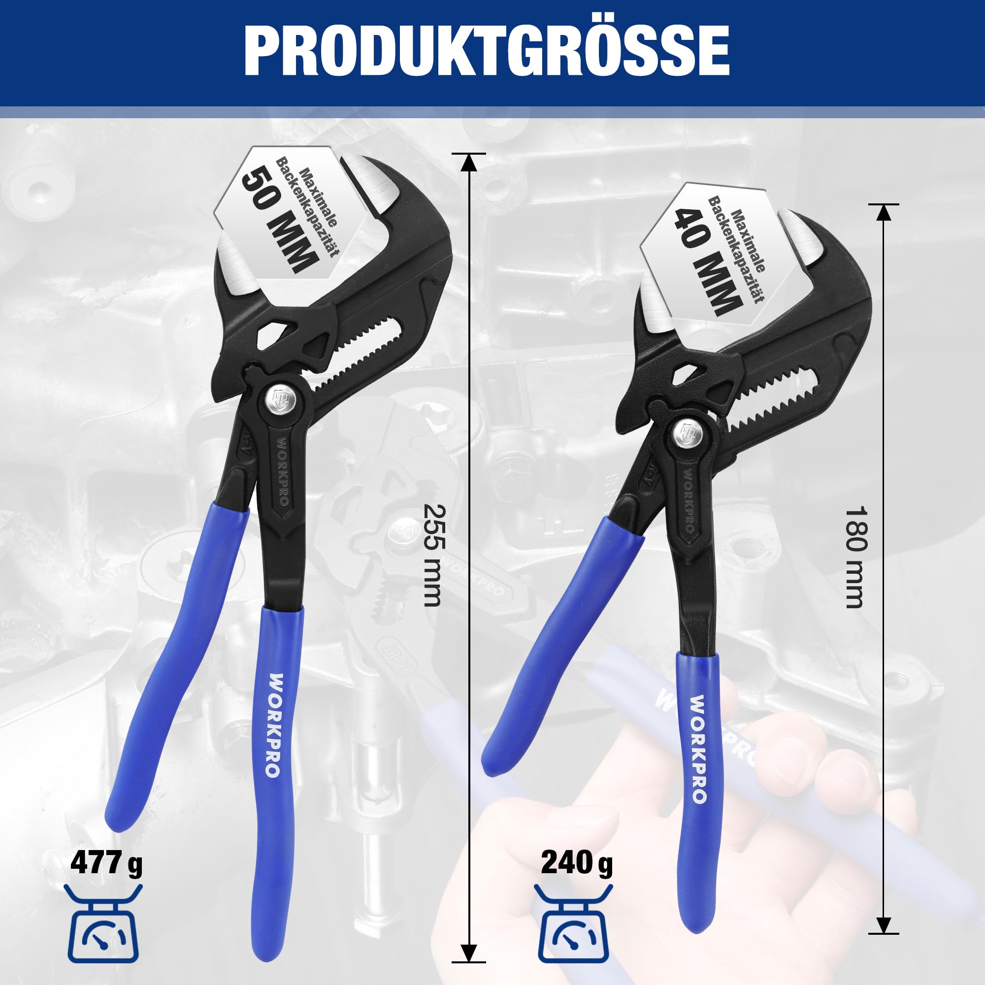 WORKPRO Zangenschlüssel-Set 2-teilig, 180mm & 255mm, Rillengelenkzange ohne Zähne, Hochwertiger Cr-V-Stahl, Paralleles Backendesign mit Doppelten Arbeitssparenden Griffen