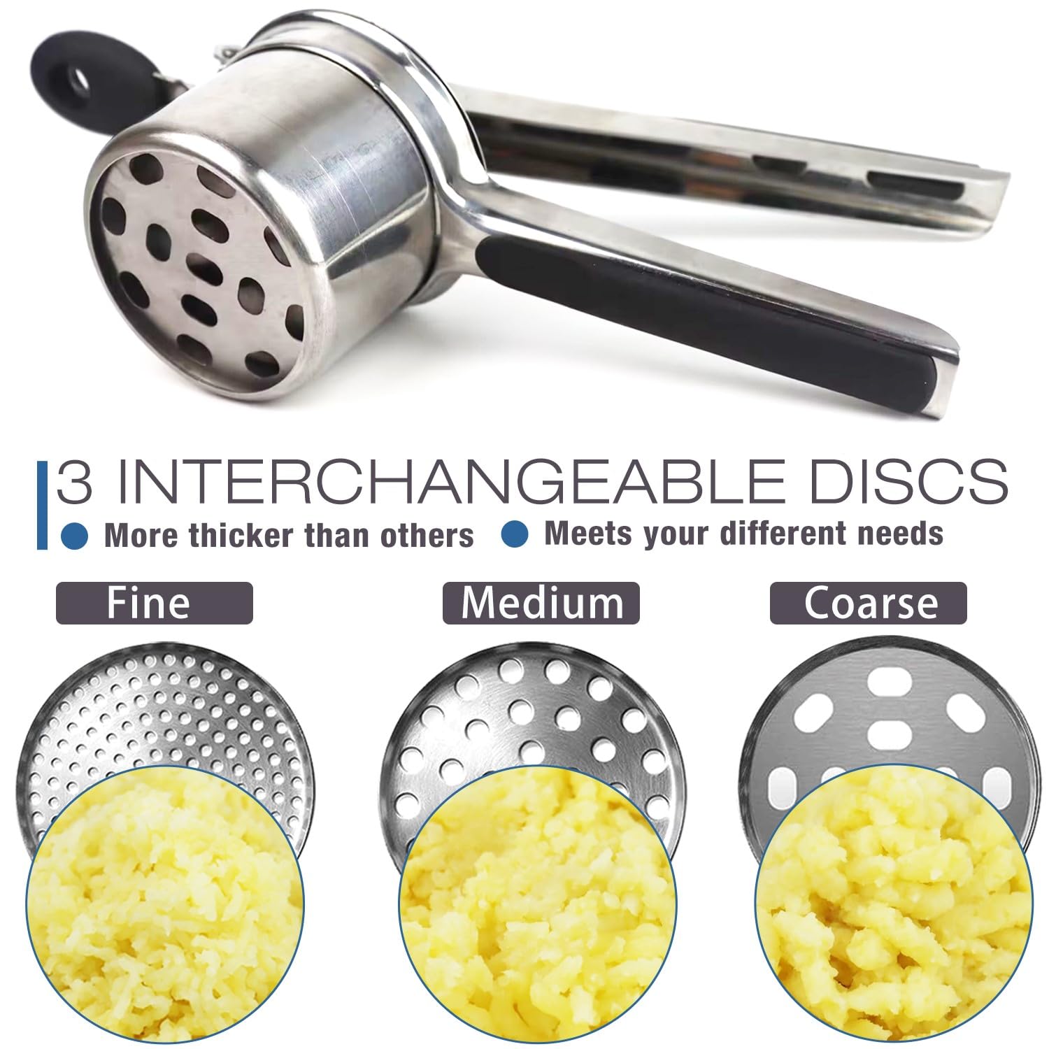 Potato Ricer, AITRAI Large 15oz Potato Ricer and Masher Heavy Duty Stainless Steel with 3 Interchangeable Discs for Smooth and Fluffy Mashed Potatoes, Puree, Fruit Juice, Baby Food - Image 4