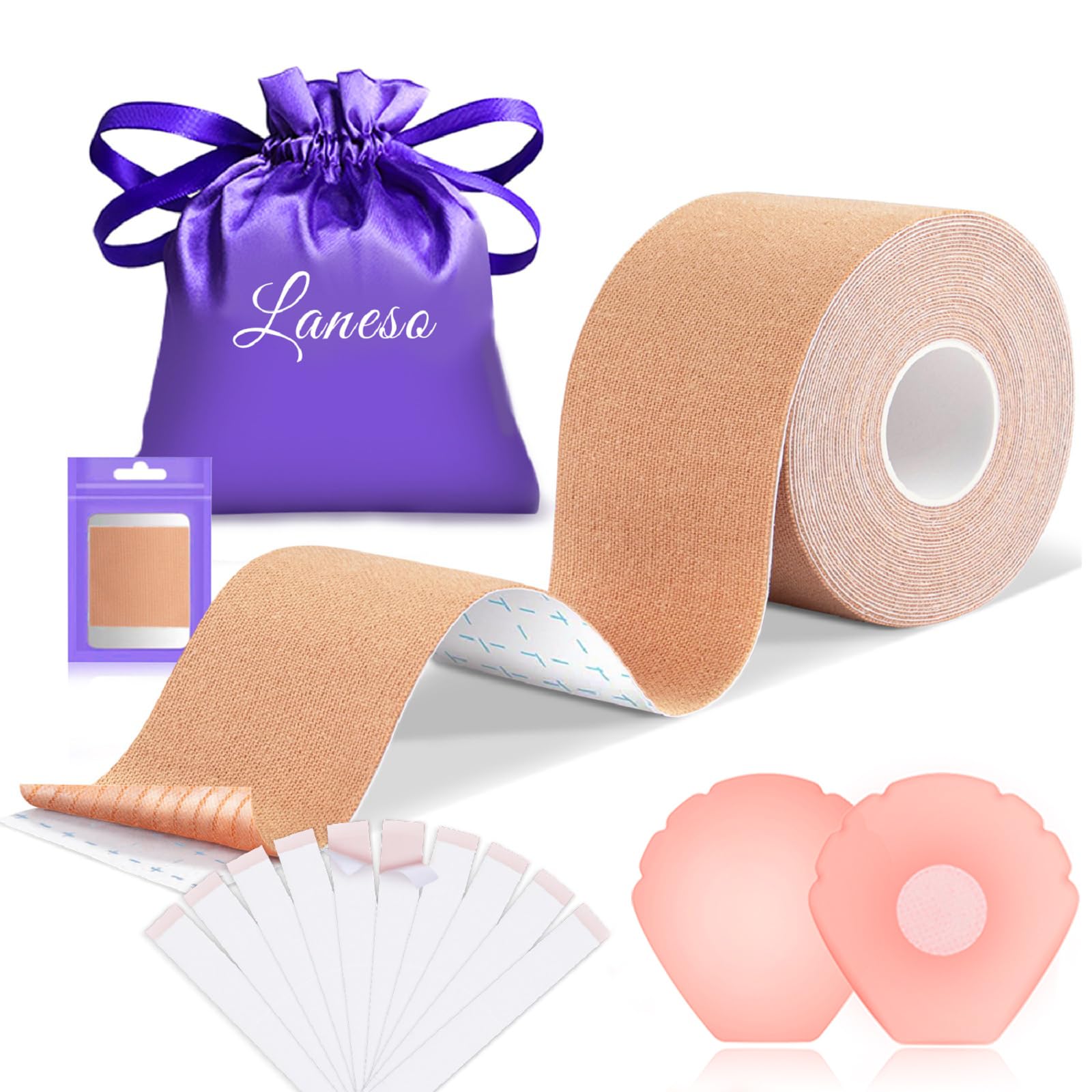 Laneso Klebe BH Push Up Brust Tape, Boobietape BH Rückenfrei Trägerloser BH, 10 Fashion Body Tape 2 Silikon Brüste Nippelpads Trägerlos für Körbchengrößen A-G Light Beige - 2