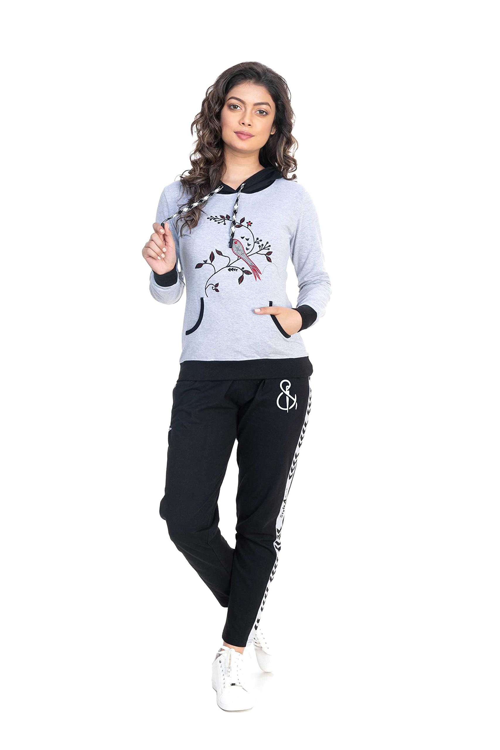 styleaone Two Piece Outfits For Women's Full Sleeve Embroidered/Printed Cotton Hoodie Jacket Sweatshirts Jogging Suits Casual Tracksuit Sets-picture-32