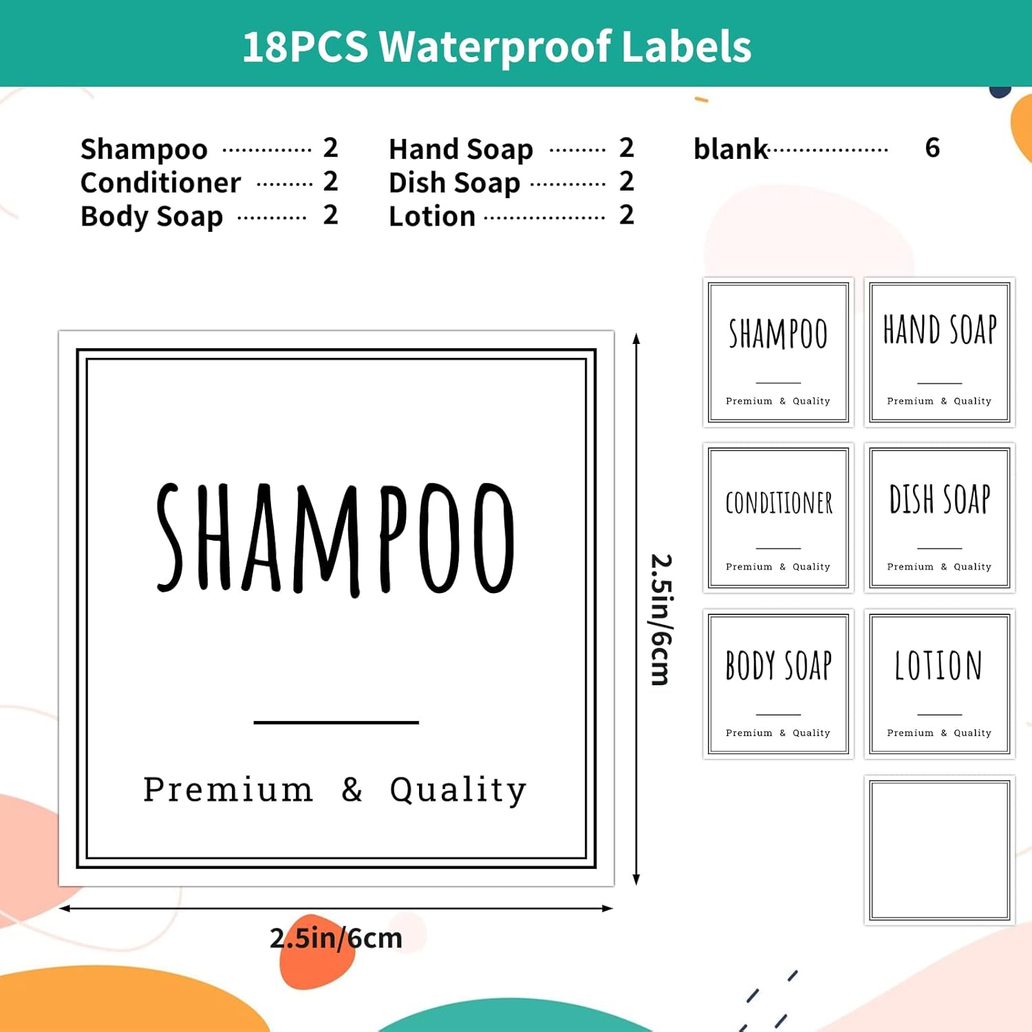 Segbeauty 3pcs 16.9oz Refillable Shower Dispenser, 18pcs Black Waterproof Labels for Bottles, Reusable Self-Adhesive Bathroom Shampoo Conditioner Hand Soap Lotion Dispenser Bottles Label Stickers