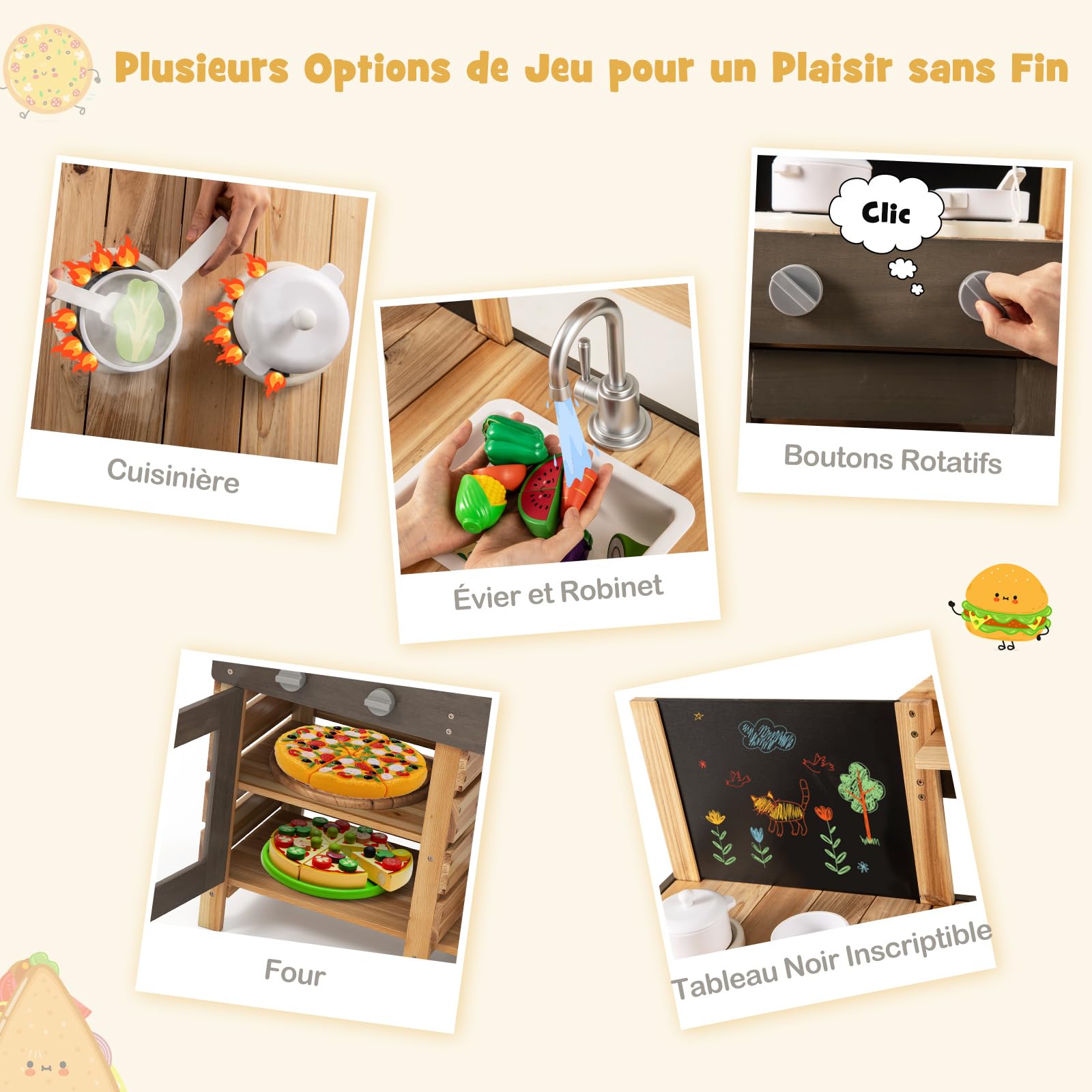 COSTWAY Cuisine Extérieure Enfant avec Tableau Noir & Four, Cuisine de Boue en Bois avec Évier & Robinet, 5 Accessoires, Étagère de Rangement, Jouet de Simulaiton pour Enfant de 3 Ans+
