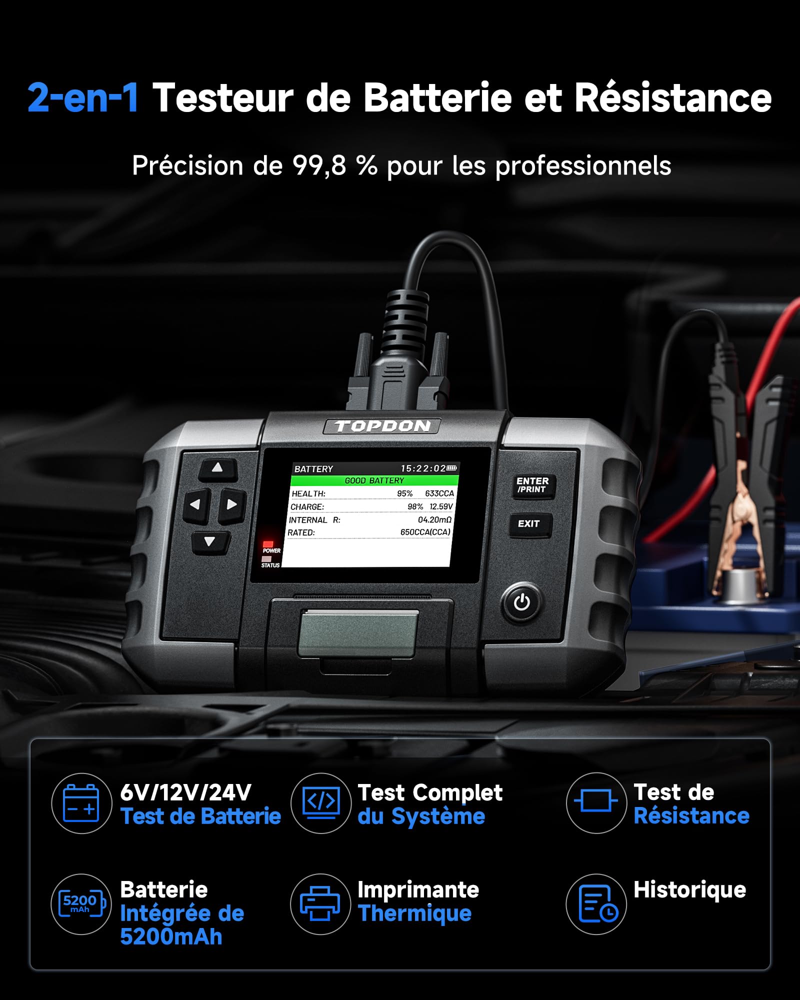 TOPDON BT600 Plus Testeur de Batterie Voiture 6V 12V 24V, Analyseur de Batterie avec Tests Démarrage/Charge/Système 12V/24V, Tests Résistance et Séquence, Écran 3,5", Batterie Intégrée et Imprimante
