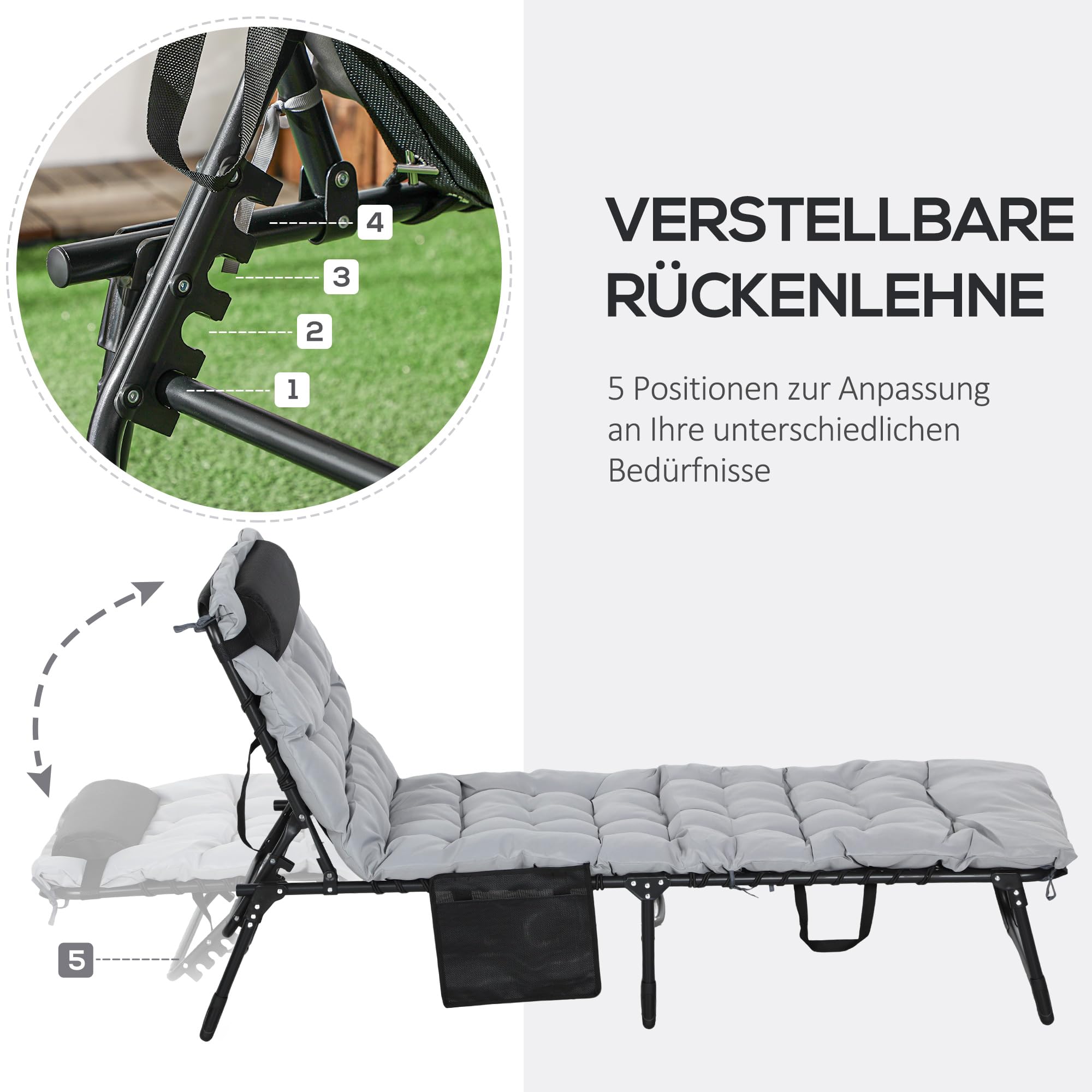 Outsunny Bain de soleil, chaise longue pliante avec coussin, appuie-tête, poche latérale, textilène, transat jardin extérieur inclinable de plage camping piscine terrasse 58 x 189 x 32,5 cm gris clair