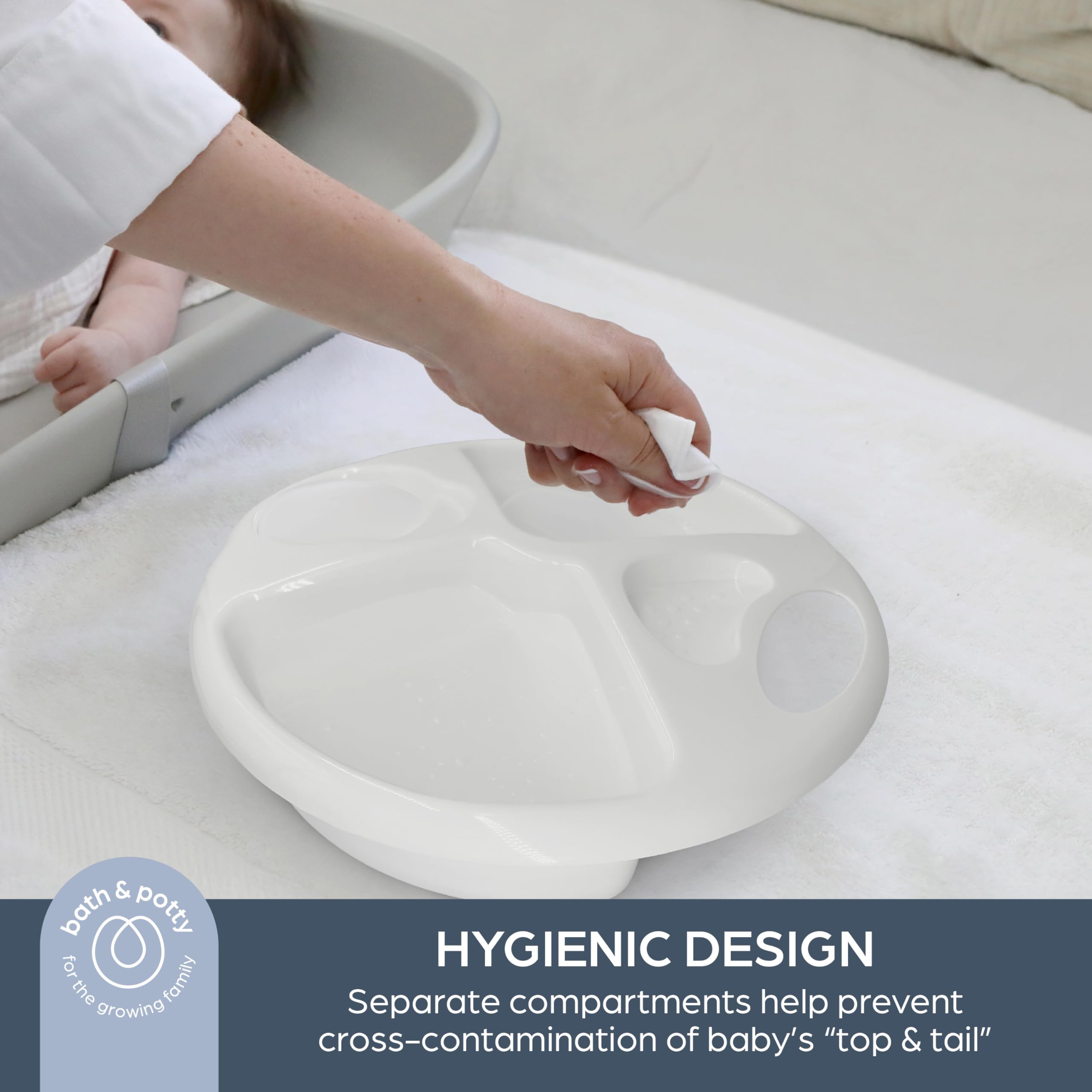 Dreambaby Bol supérieur et queue, utilisation quotidienne, bol supérieur et queue pour baignoire de bébé, 2 zones séparées pour les éponges supérieures et queues, design ergonomique, léger et portable