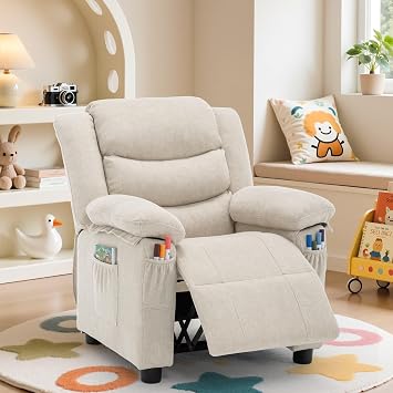 Korser Kids Recliner Chair, Push Back Toddler Recliners with Side Pockets, Child Recliner with Footrest, Cashmere Fabric Kid Chair for Girls Boys Kids Room, Childrens Rooms Beige