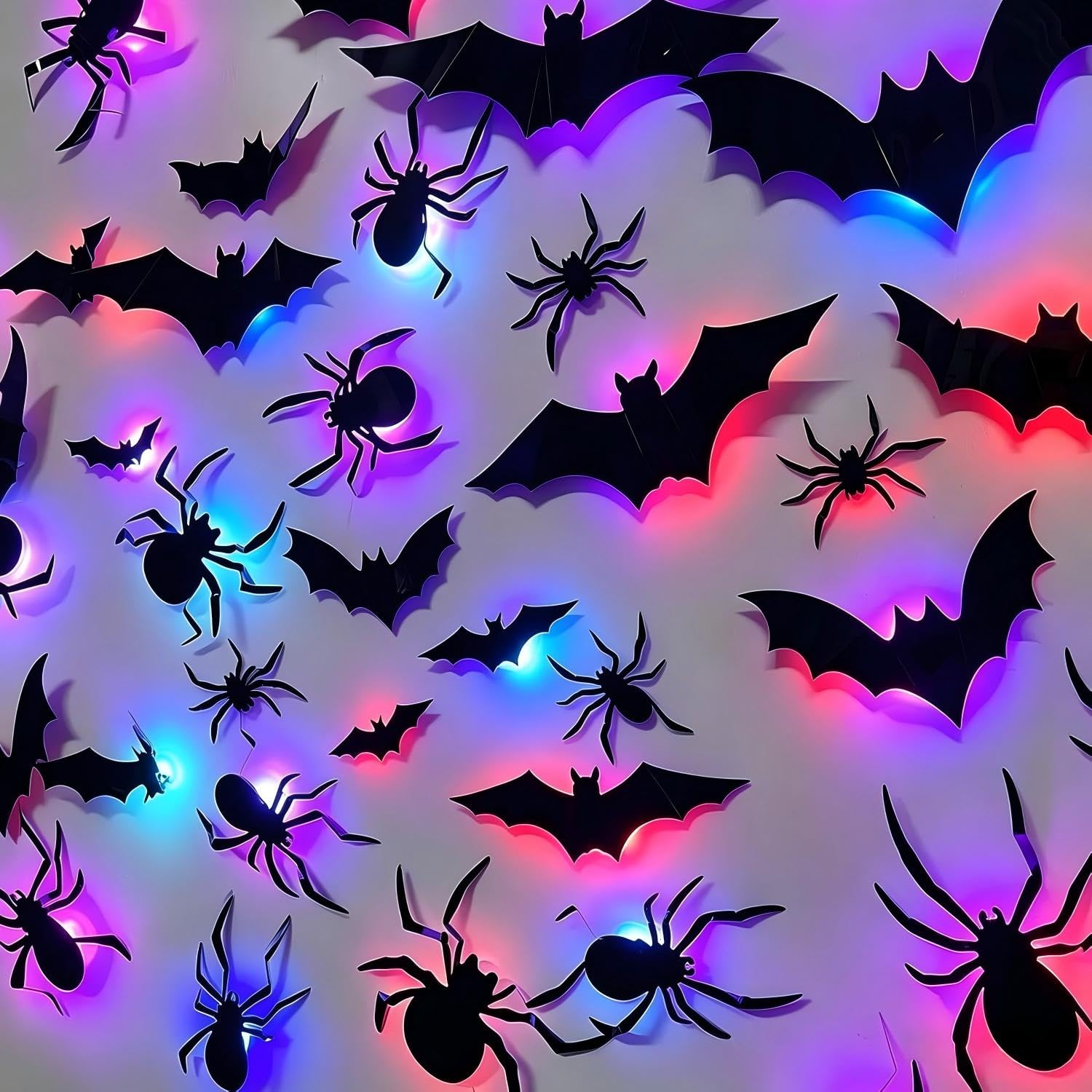 42Pcs LED Bats Stickers,3D Bats Wall Sticker Night Light Halloween Decoration,Realistic Bats Light Wall Decor for Home Window Living Room Halloween Party (Bats-24pcs+Spiders-18pcs) (Purple+Red)
